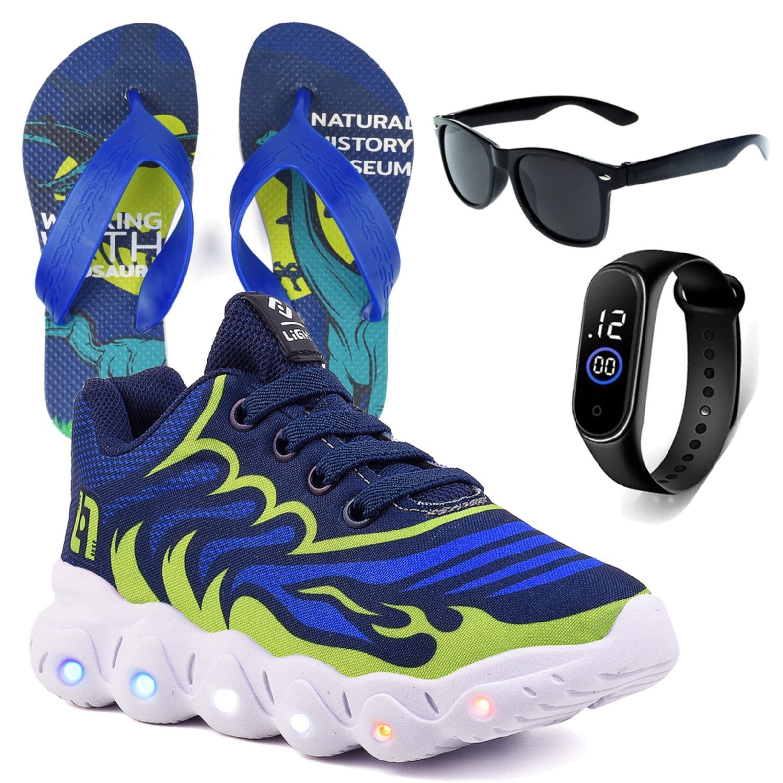 Infantil – Kit Tênis De Led Marinho Meninos Escolar Chinelo Óculos Relógio