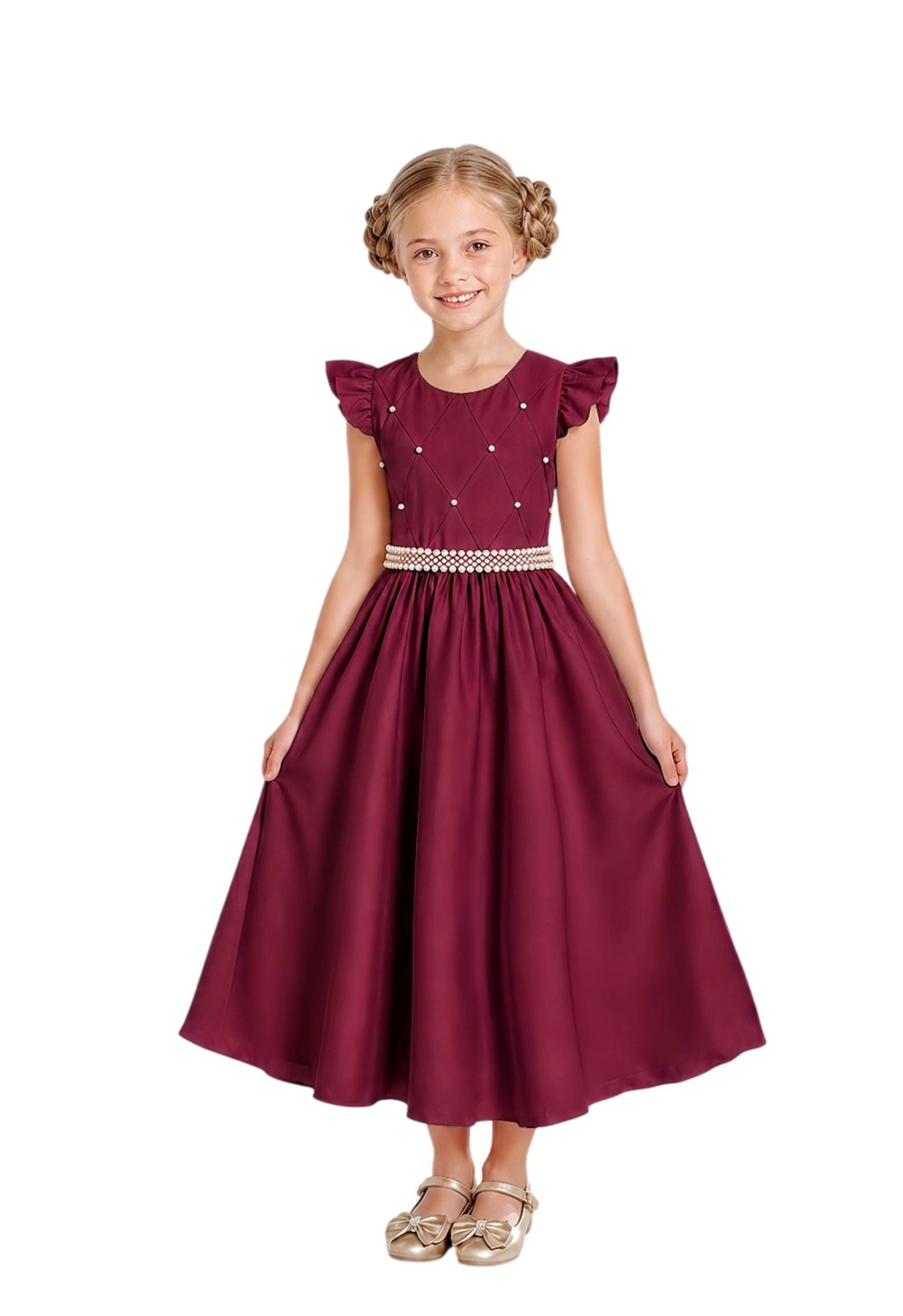 Infantil - Vestido Longo Social Marsala Bordô Vinho Festa Formatura Casamento Pérolas Dama Daminha Menina Juvenil Juvenil Princesa Rodado Florista Aniversário Luxo
