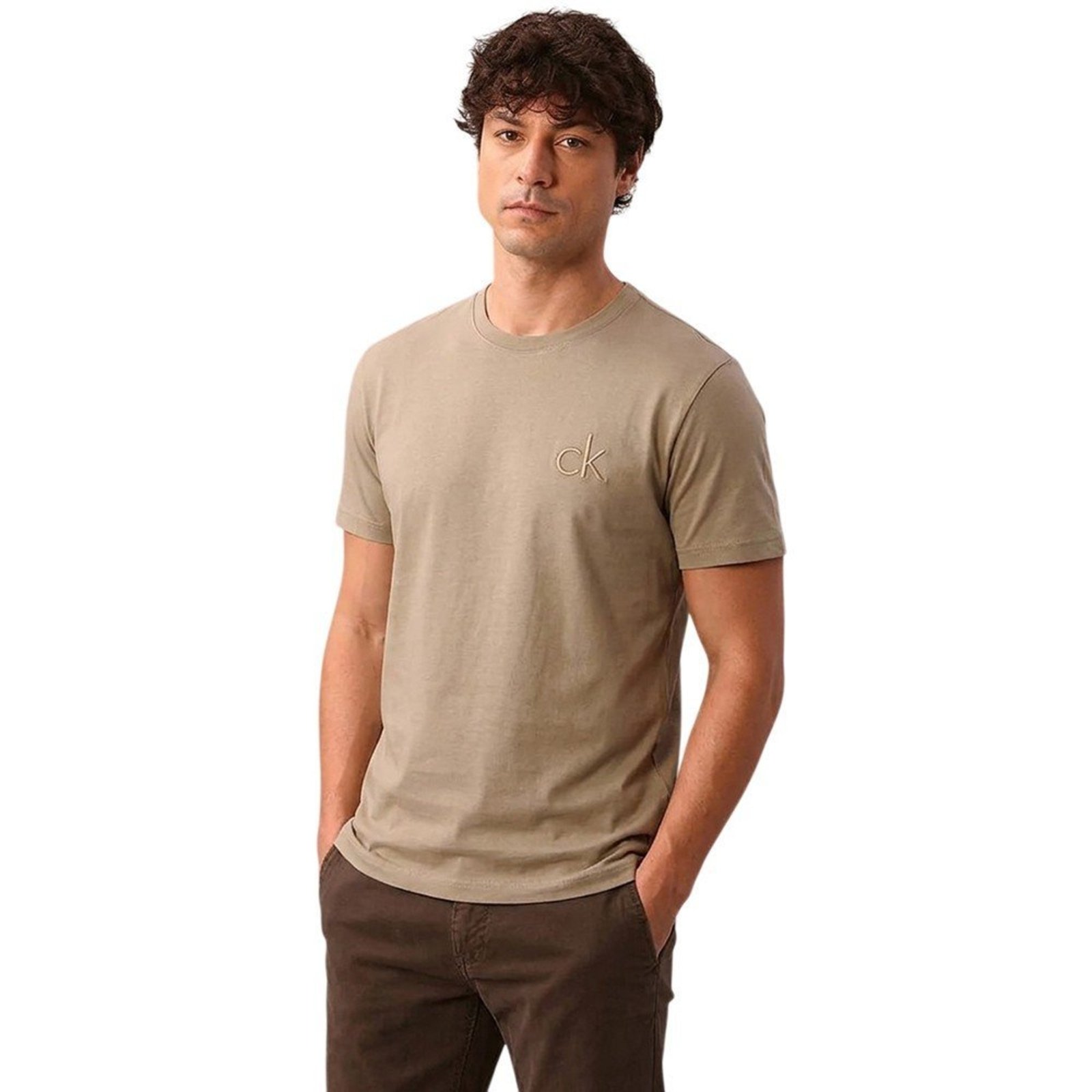Camiseta Calvin Klein CK Bordado Caqui Masculino Calvin Klein Marrom