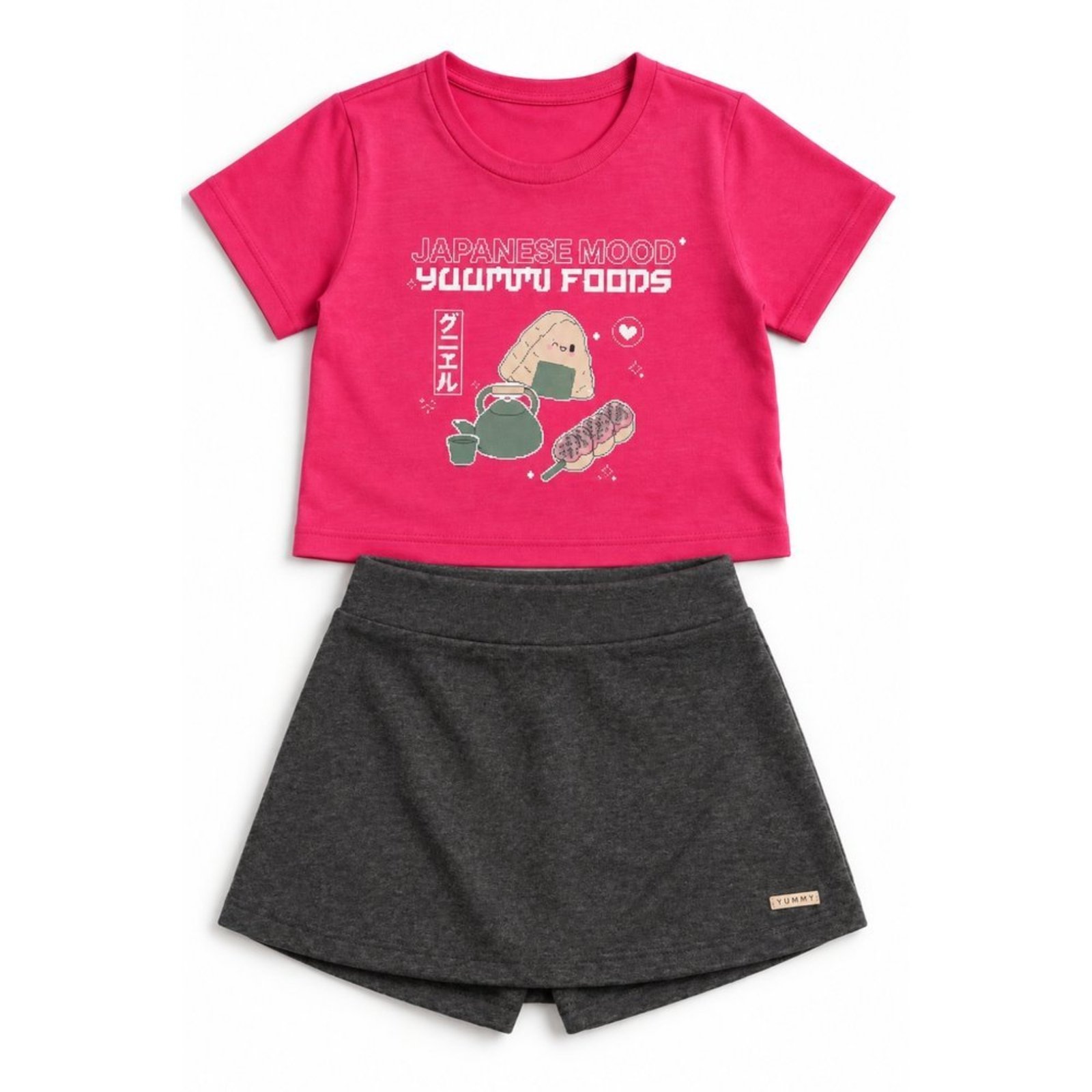 Infantil - Conjunto Menina Cropped Meia Malha Short Saia Moletinho Eco