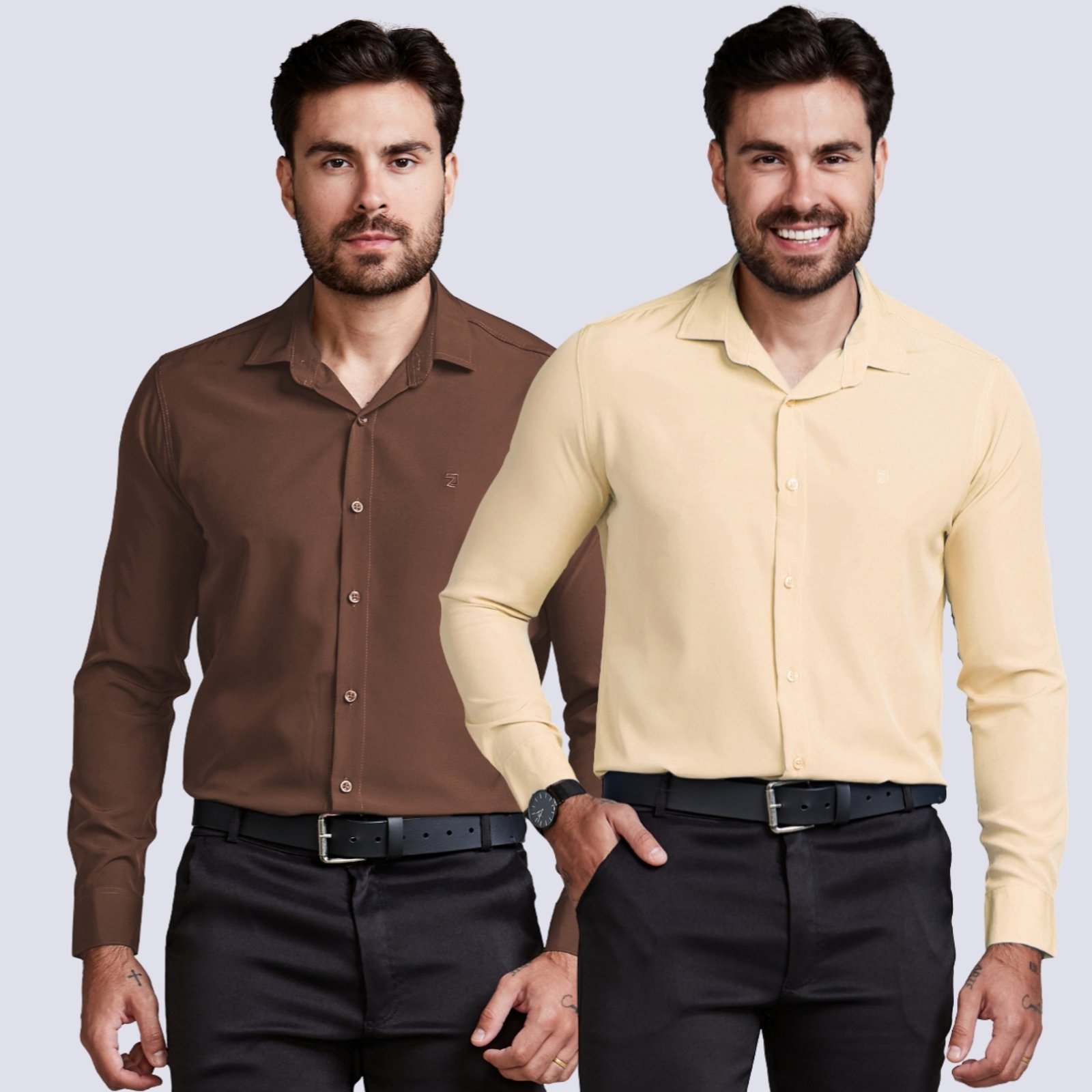 Vista 2 Kit 2 Camisa Social Masculina Manga Longa Daze Modas e marrom/preto Daze Modas marrom/preto