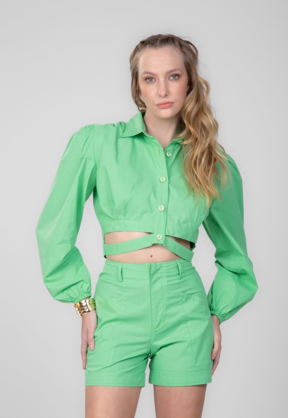 Camisa Cropped Traymon Com Recortes Verde