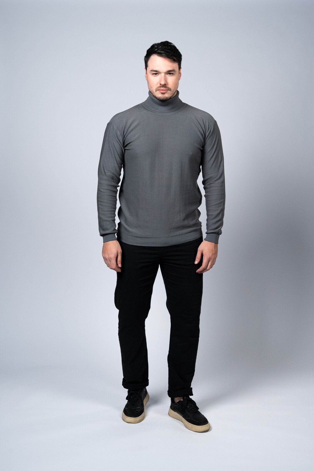 Blusa Fina Tricô Algodão Gola Alta Rolê Cinza