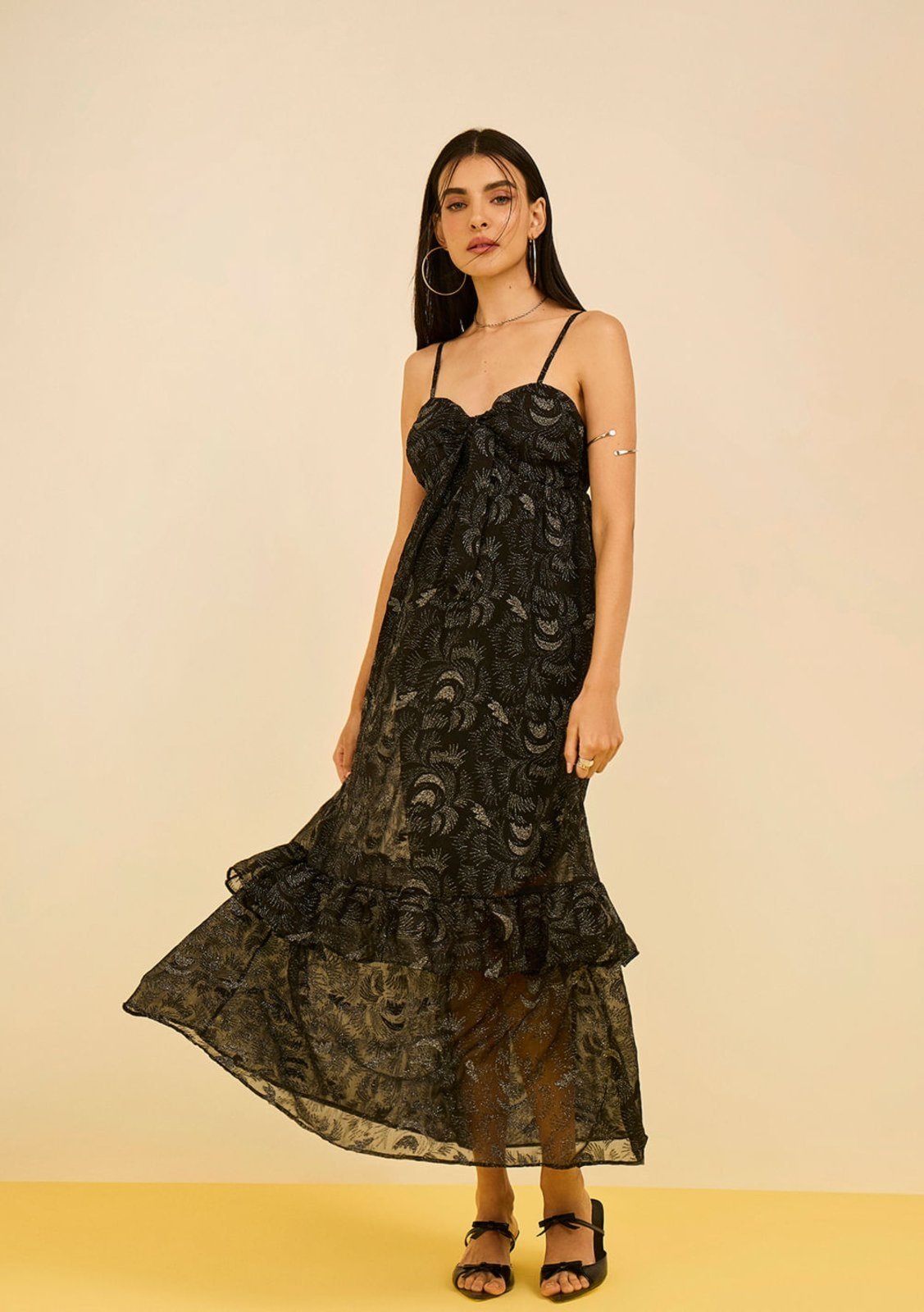 Vestido Zinco Solto Decote Reto Com Alça Midi Preto
