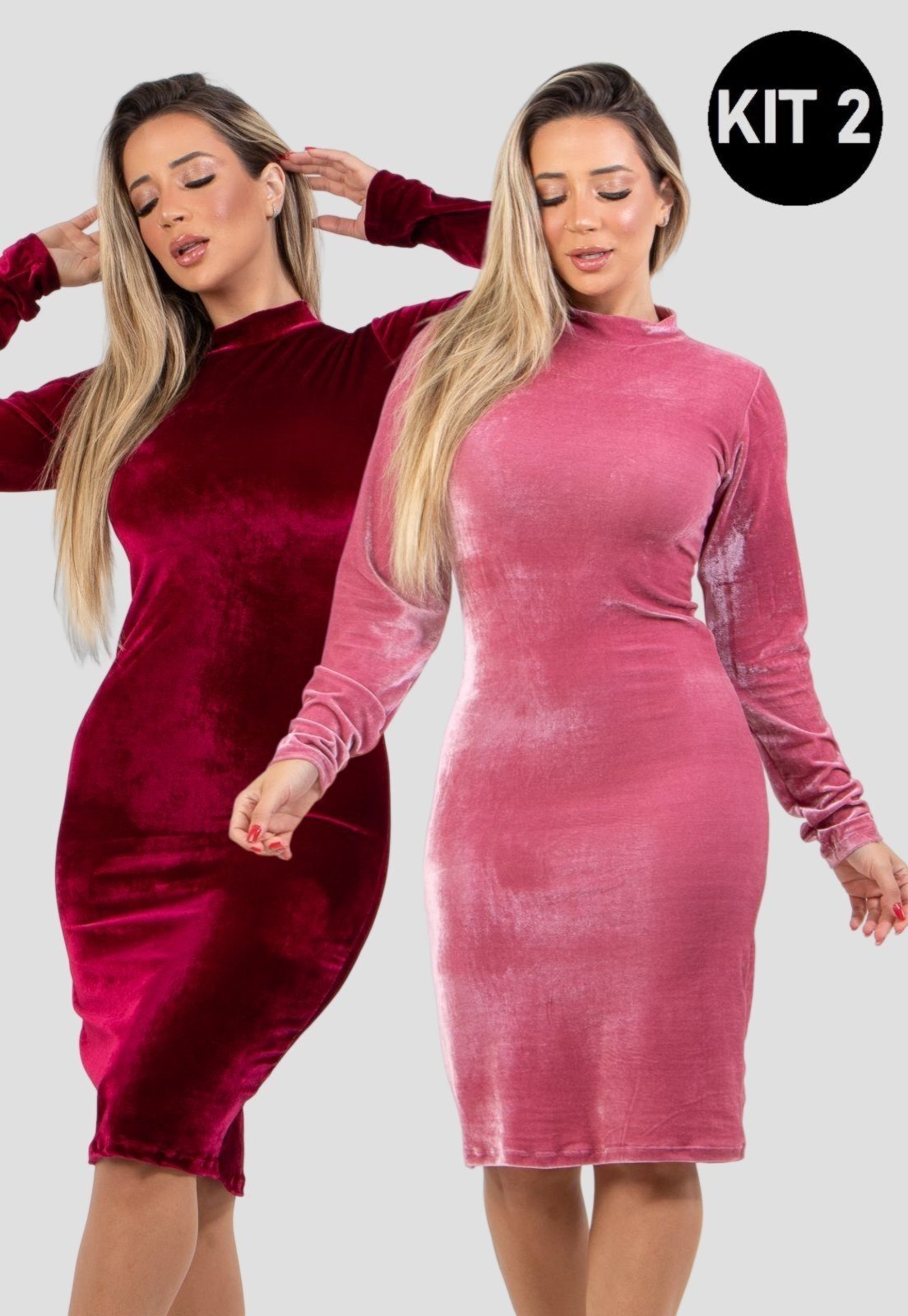 Kit 2 Vestidos Manga Longa 4 Estações Veludo Molhado Midi Festa Casual Inverno Rosa/Vinho