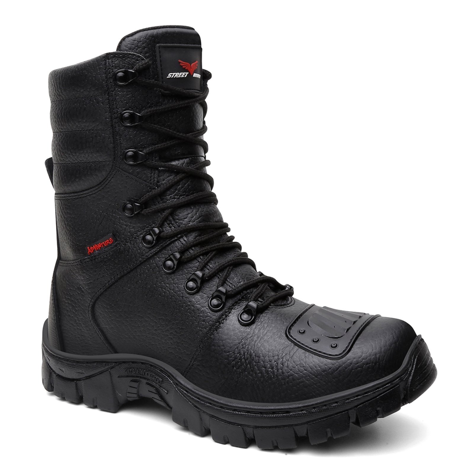 Vista 3 Bota Militar Coturno Masculino Couro Cano Médio Motociclista Rock OUSY SHOES preto OUSY SHOES preto