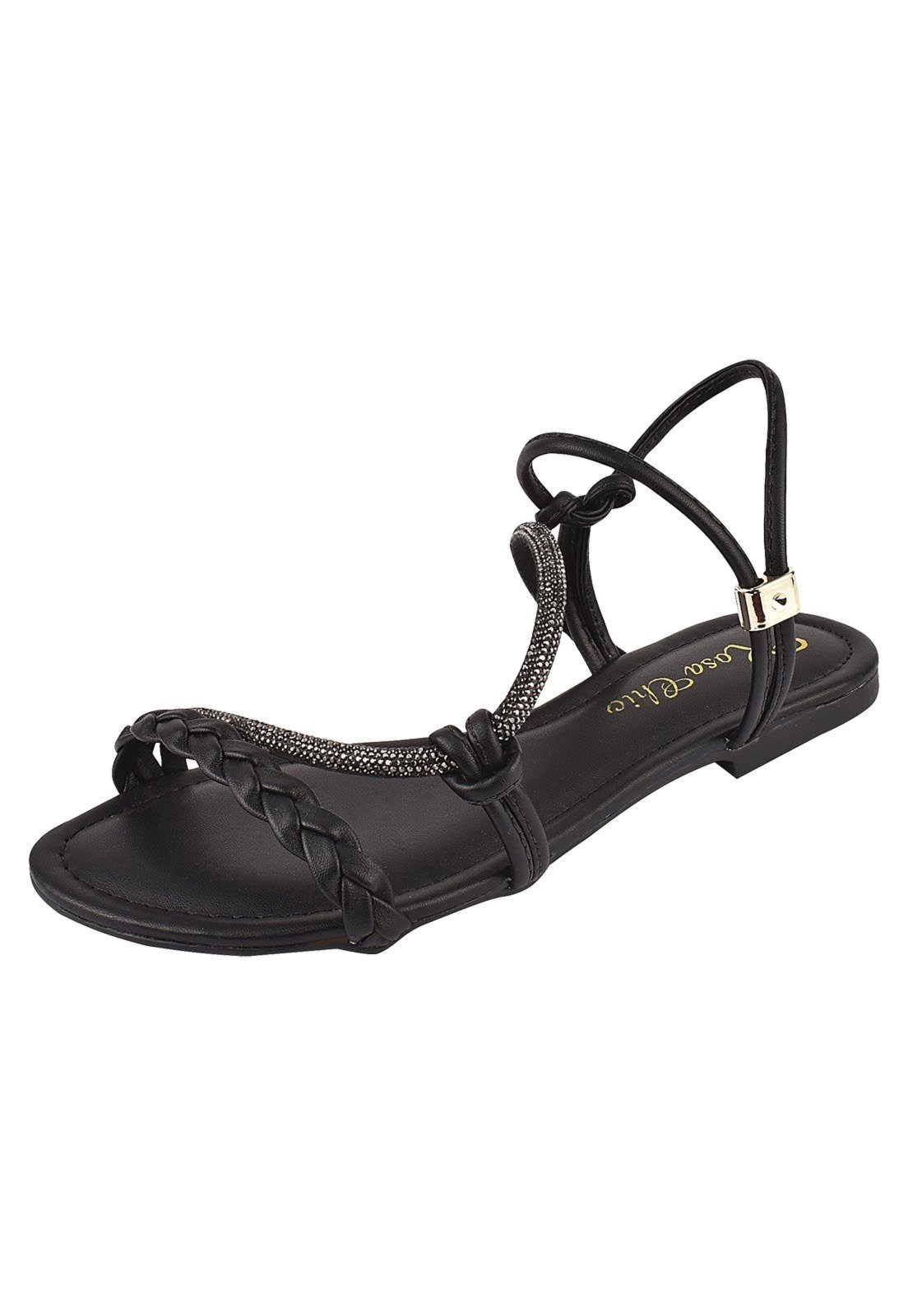 Rasteirinha Rosa Chic Calçados Sandália Feminina Flat Trança Strass Brilho Preto