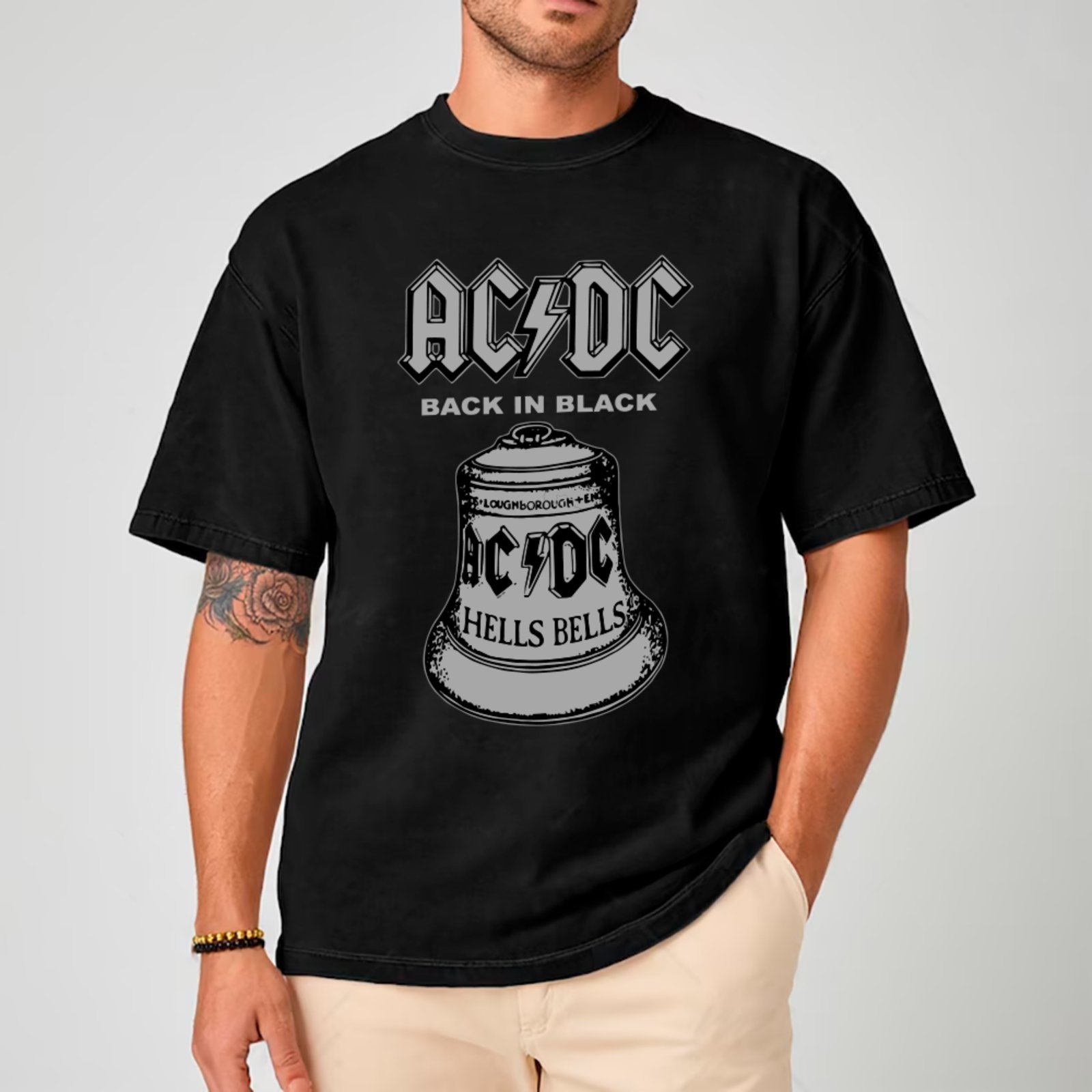 Vista 2 Camiseta Ousy Básica AC DC Hells Bells Estampa Clássica Unissex rosa ousy rosa