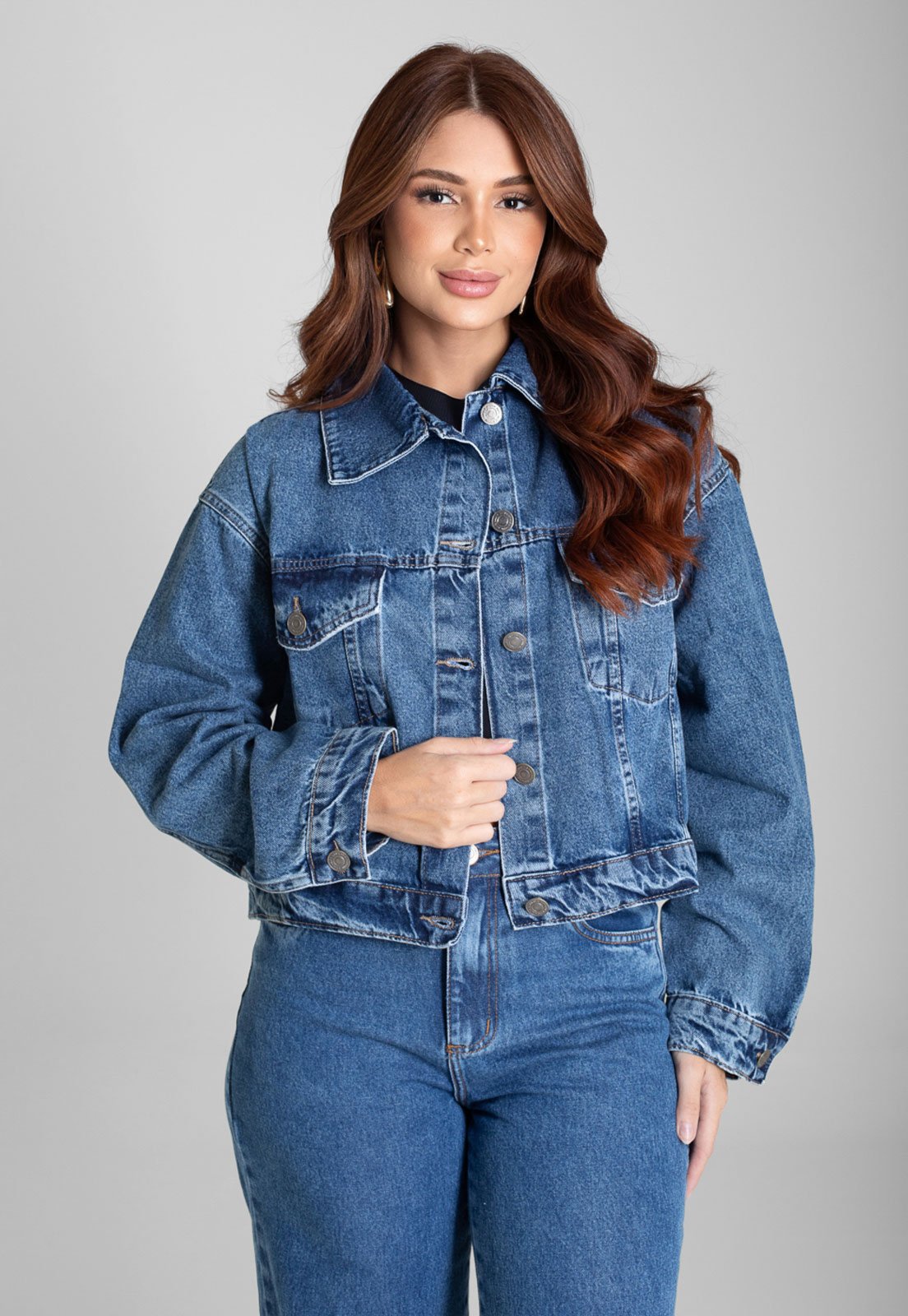 Jaqueta Jeans Feminina Sawary Oversized Cropped Azul