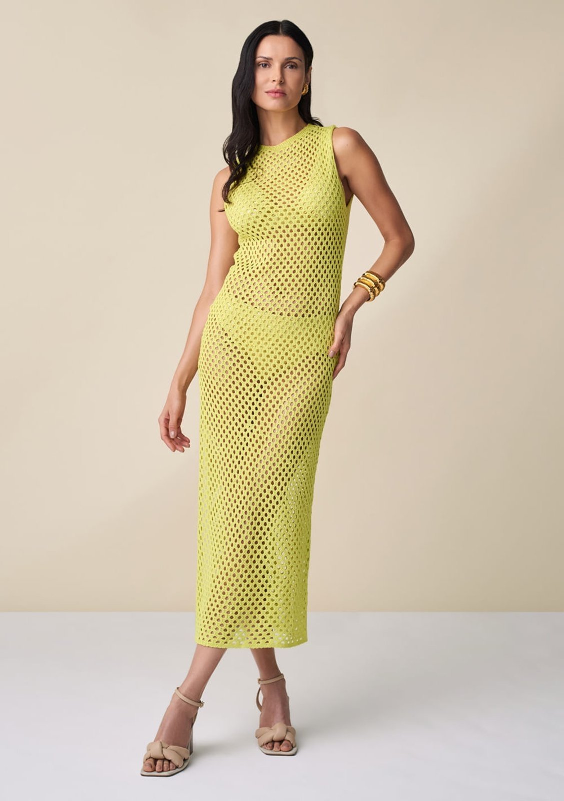 Vista 2 Vestido Maria Valentina Midi Decote Redondo Detalhe Tela Maria Valentina verde