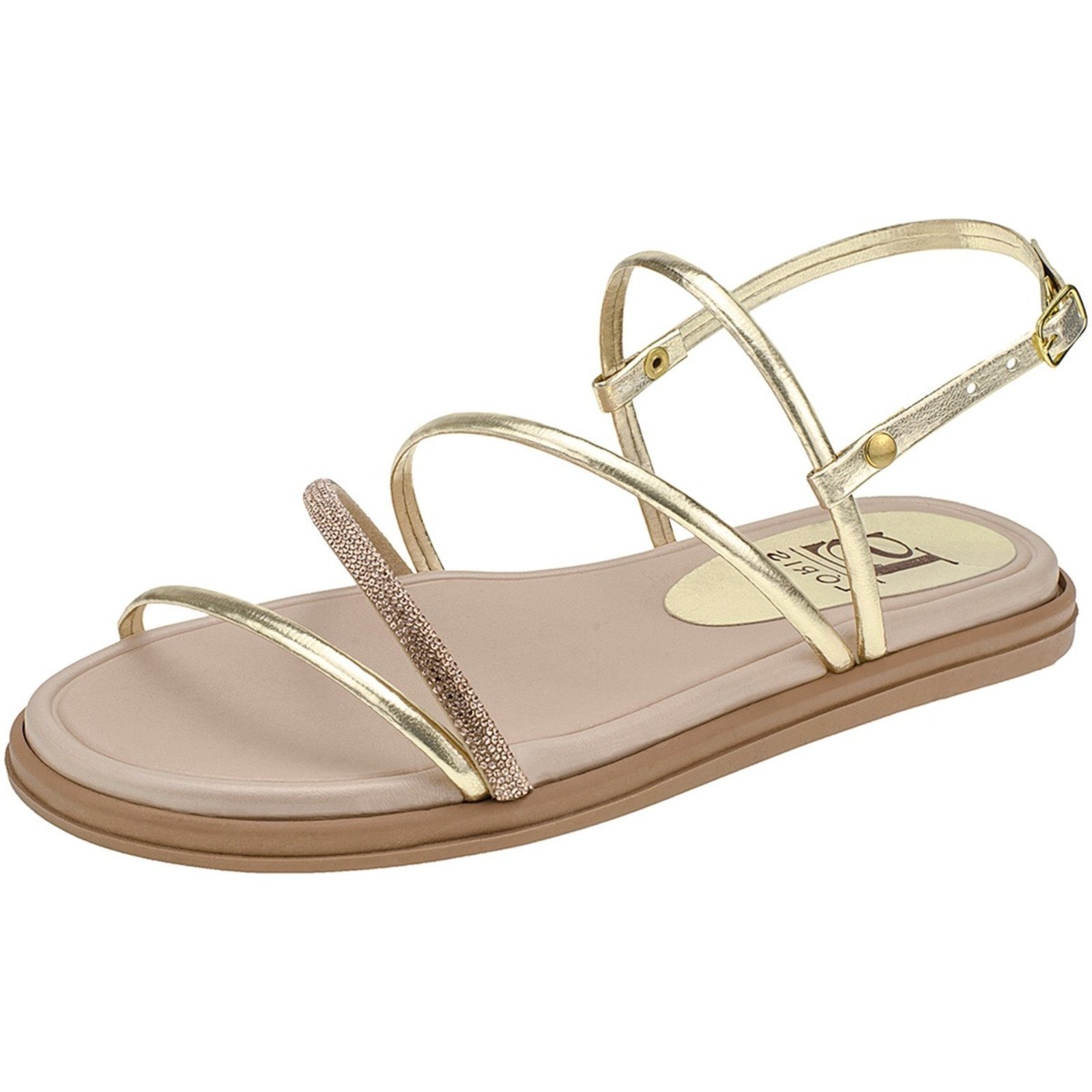 Sandália Papete de Tirinha Strass Manta de Pedraria Flatform Confort Fivelinha 711-691 Ouro