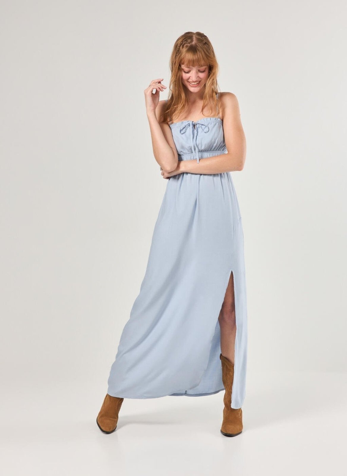 Vestido Longo Azul Elástico Na Cintura