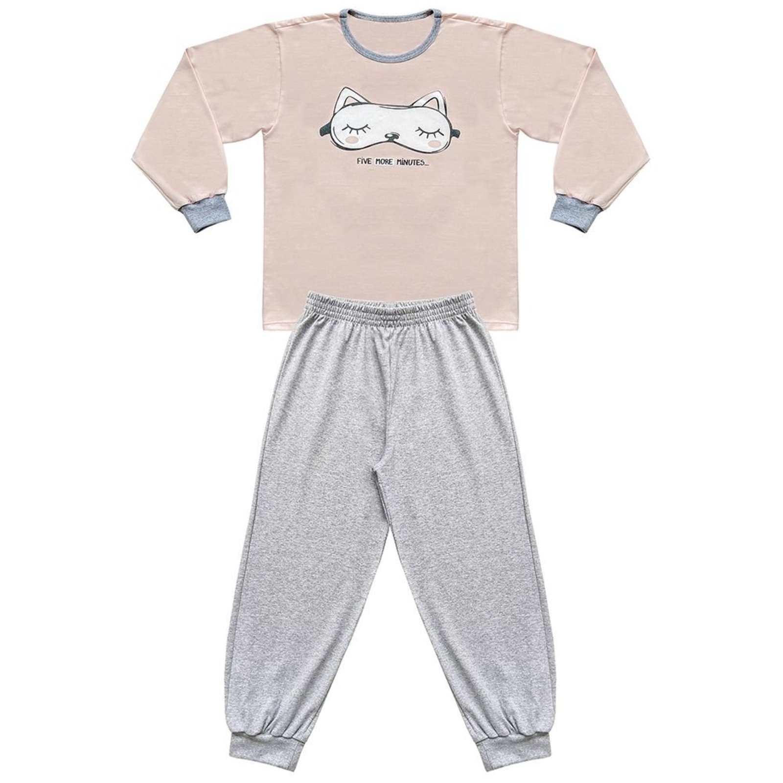 Pijama Juvenil Look Jeans Longo Gato Rosa/Mescla
