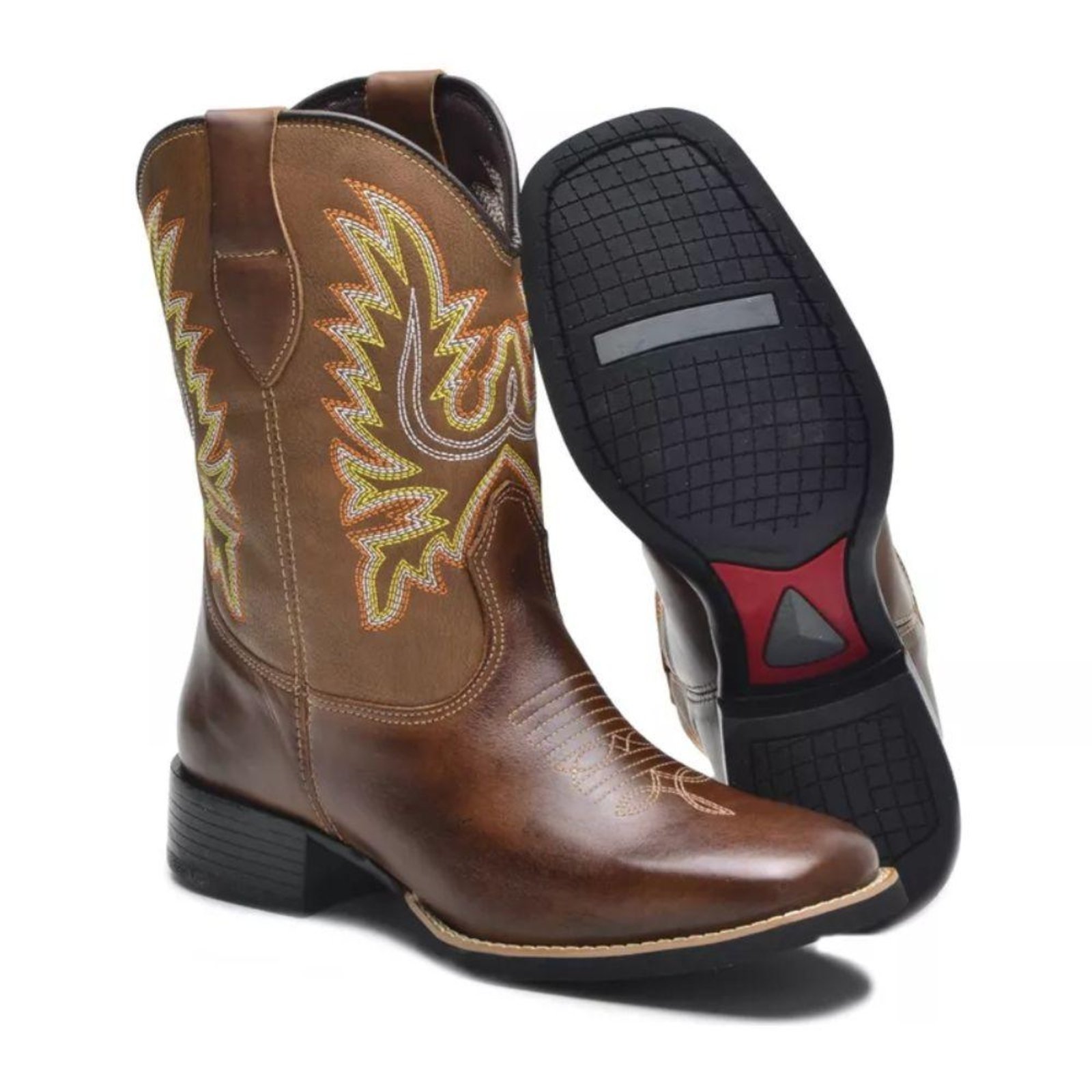 Bota Texana Masculina Couro Look Stock Bordada e Confortável Castanho