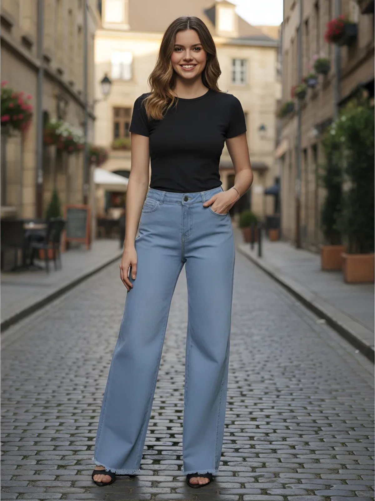 Calça Widleg Lisa Avec Feminina Confortavel e Casual Ideal Dia a Dia Azul