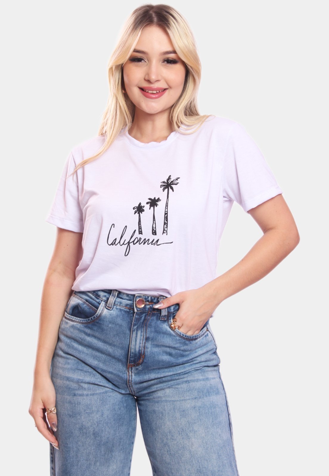 Tshirt Blusa Feminina Coqueiros California Estampada Manga Curta Camiseta Camisa Branco