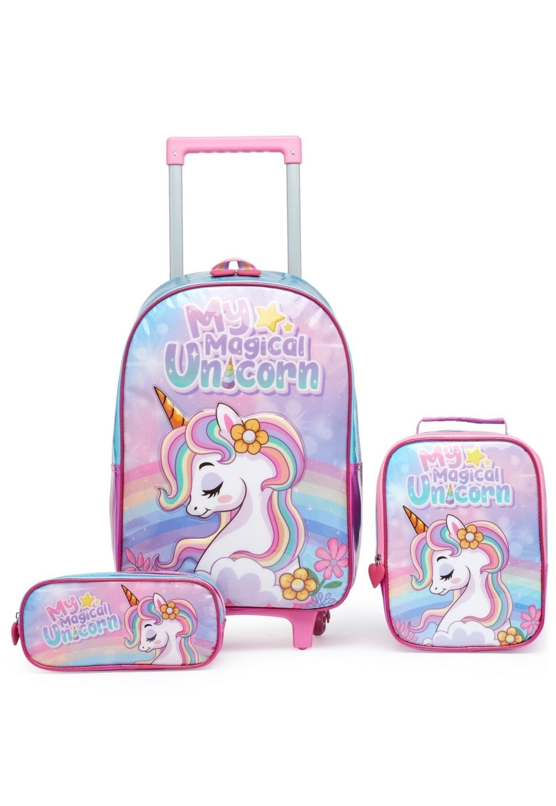 Vista 2 Infantil - Kit Mochila Lancheira Estojo Rodinha Coban Unicórnio rosa COBAN rosa
