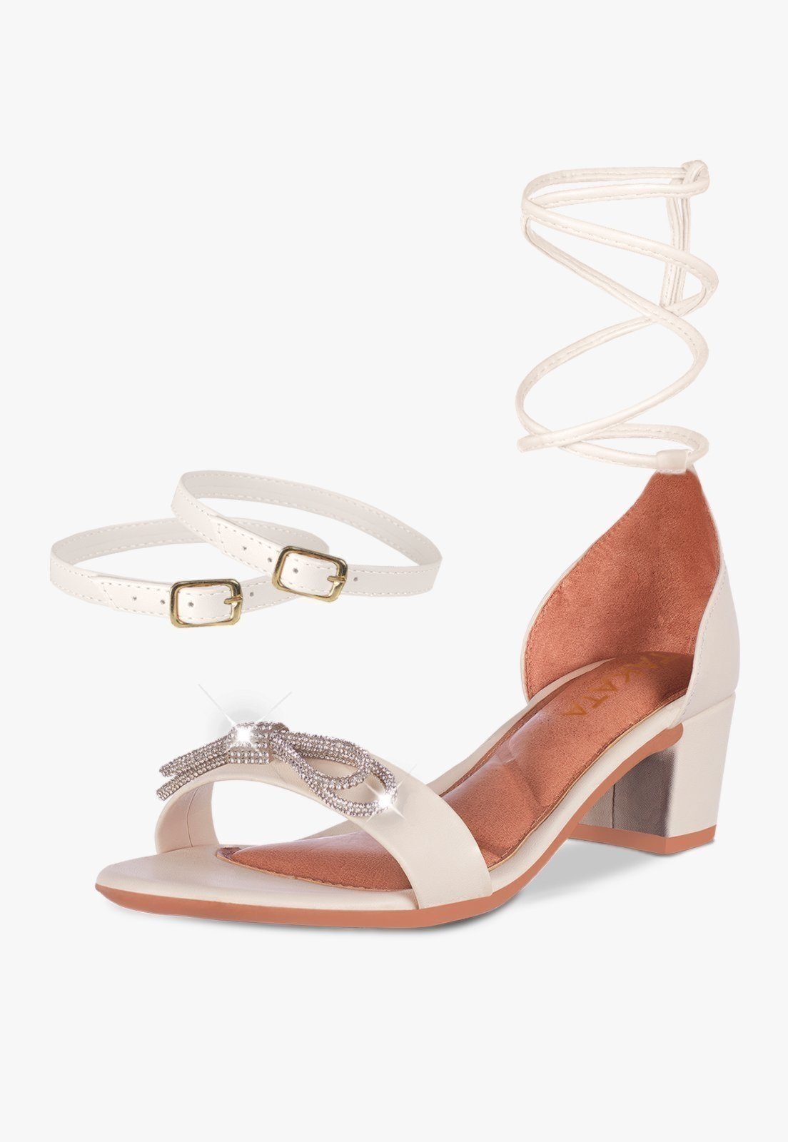 Sandália Feminina Tira Salto Quadrado Baixo Laço Cristal Offwhite