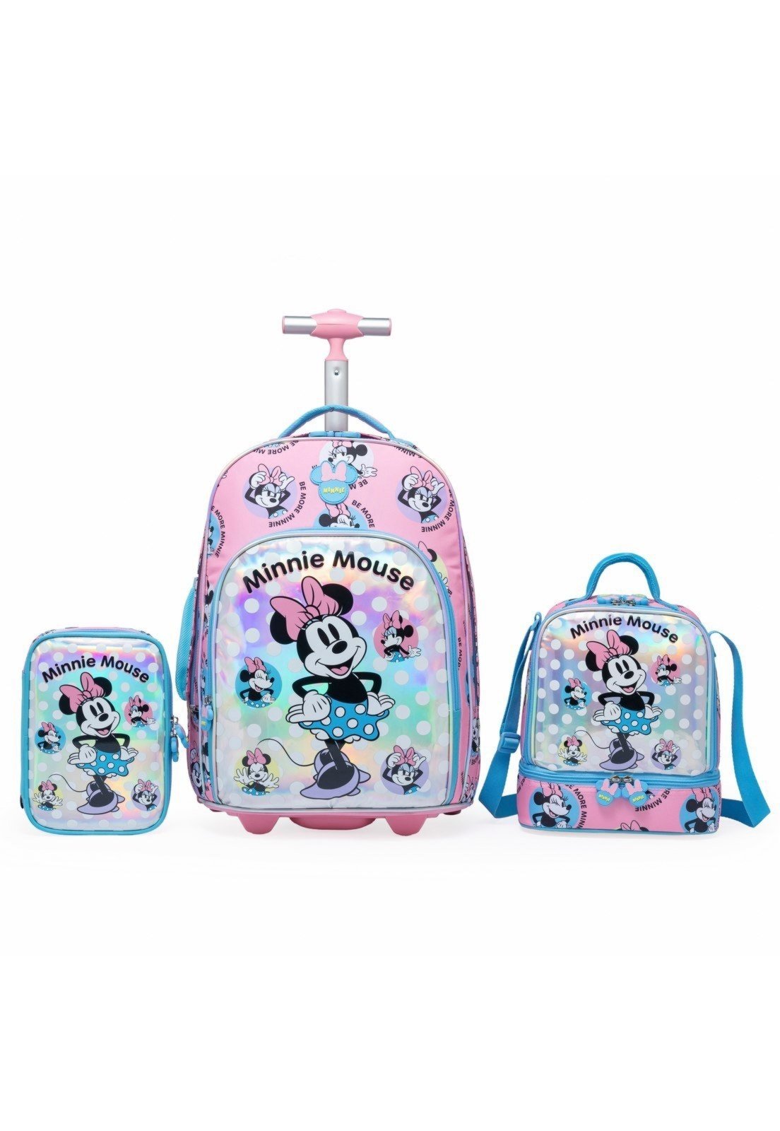 Infantil - Kit Mochila Lancheira Estojo Minnie Disney Feminina Rodinhas Resistente