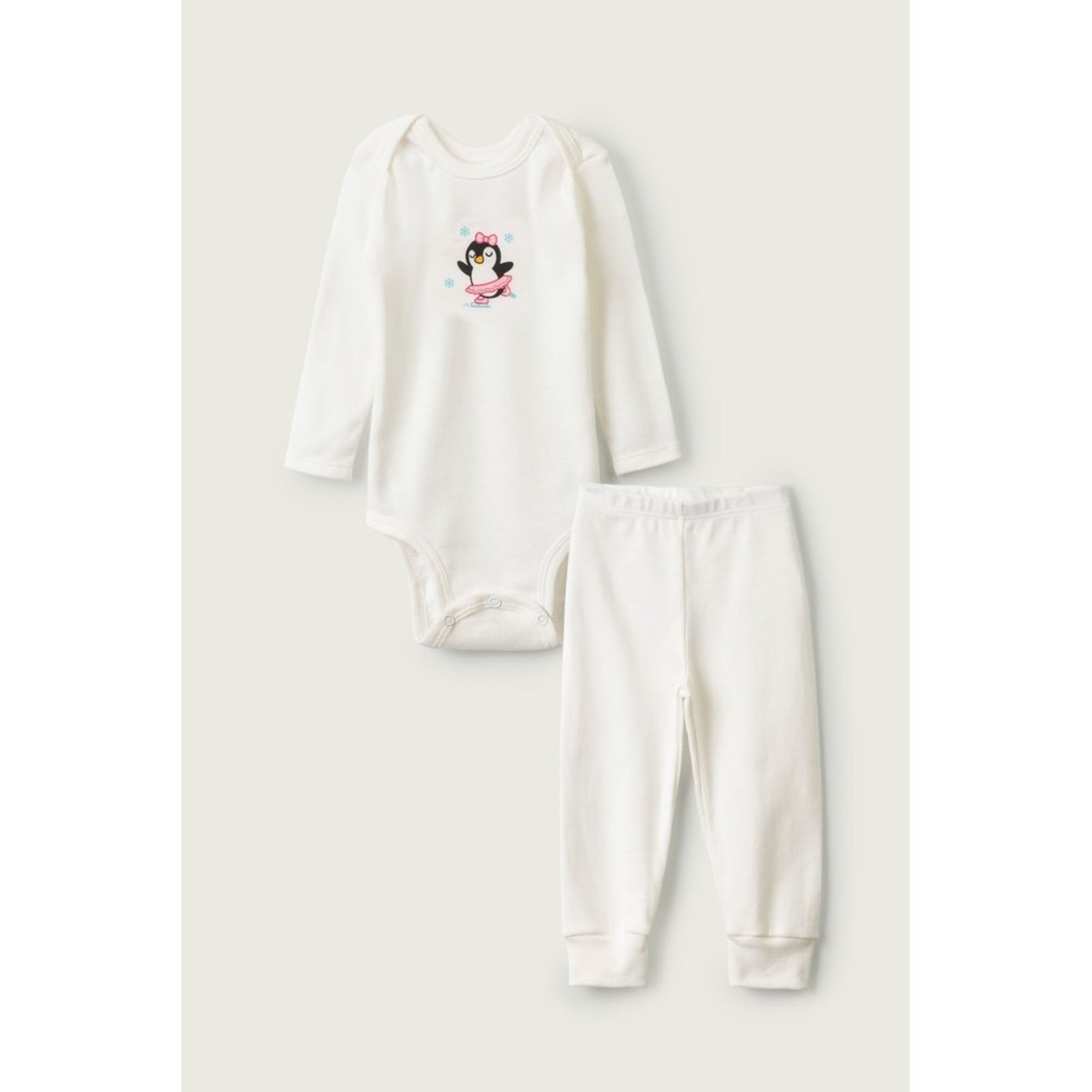 Infantil - Conjunto Body Longo e Calça do Papai Off White Menina Pinguim
