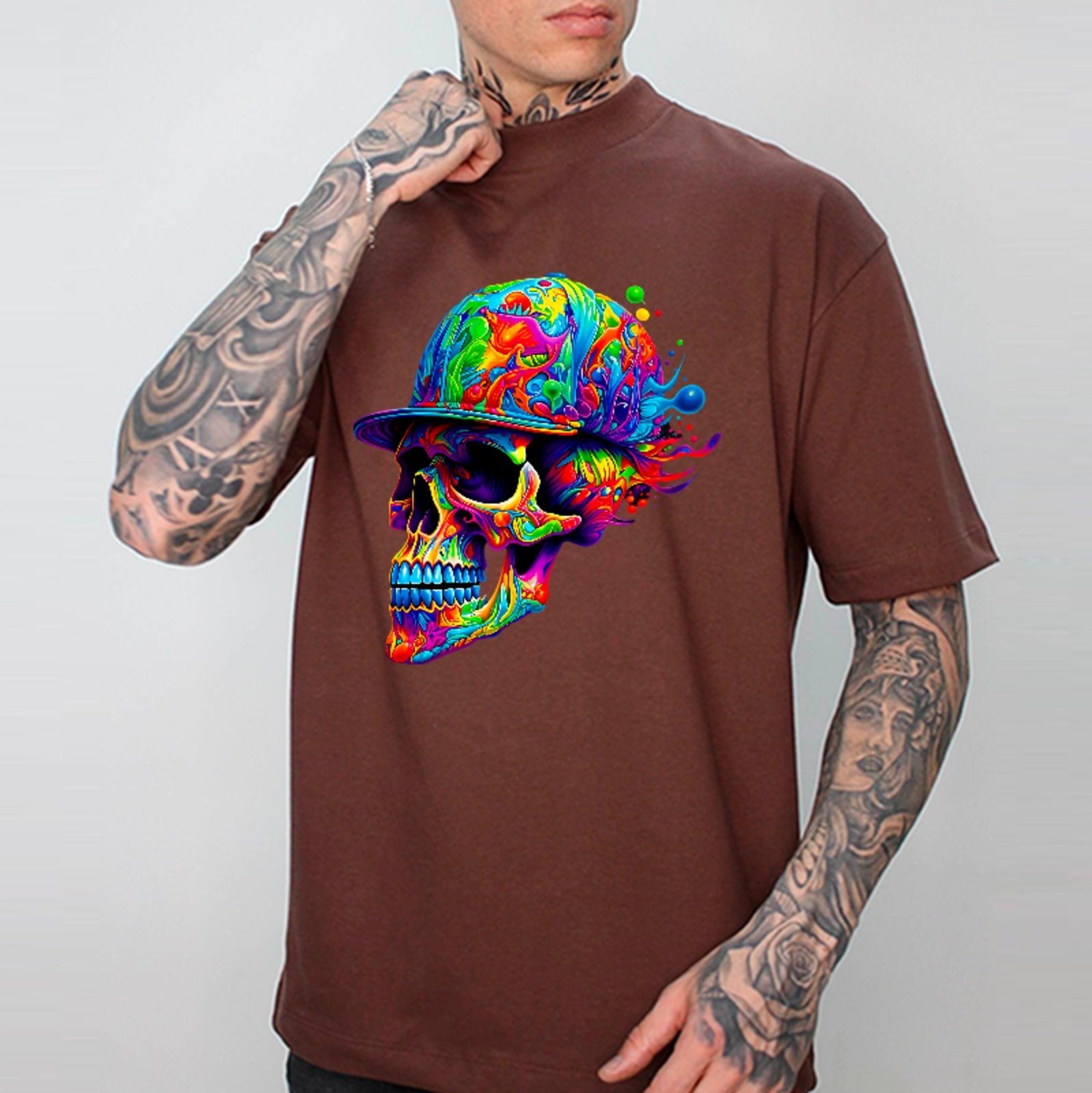Camiseta Oversized Premium Psychedelic Skull Street Style Unissex Marrom