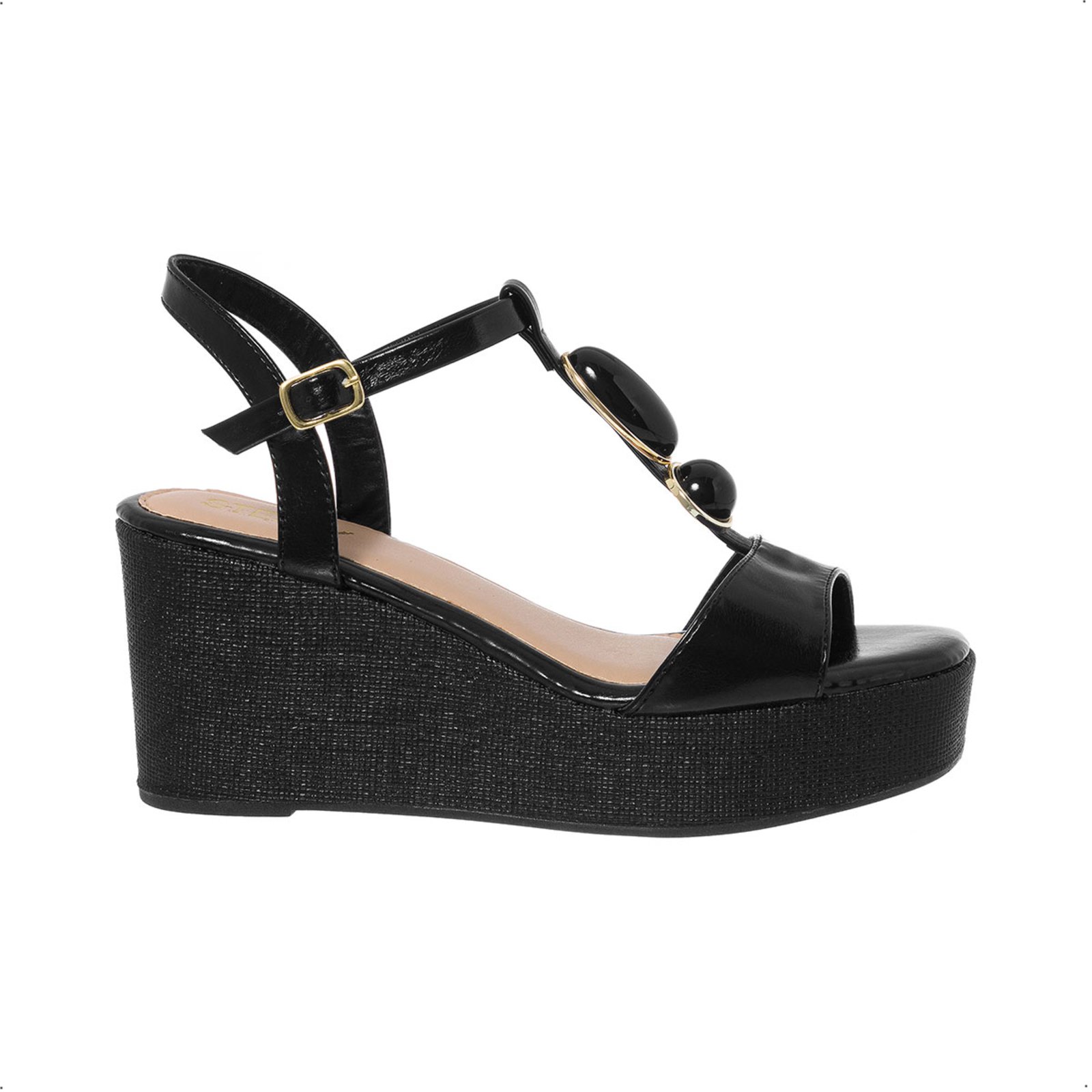 Sandália Anabela Plataforma Stessy Boho Chic Pedraria Rafia Lançamento Verão Preto