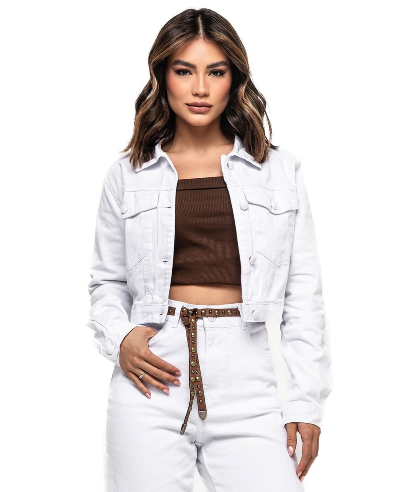 Jaqueta Sarja Cropped Feminina Básica 23787 Branca Consciência