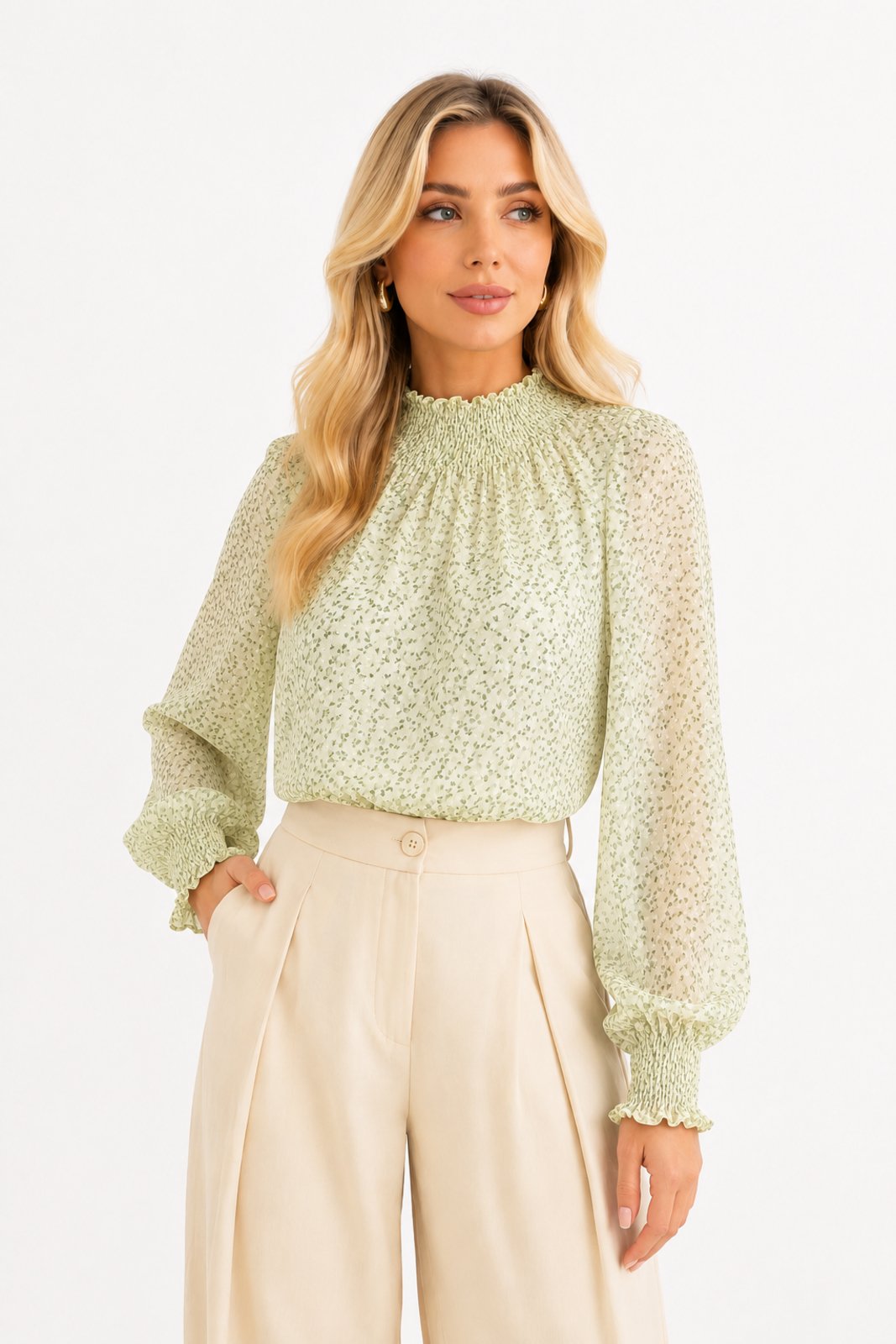 Blusa Feminina D Bell Outlet Fashion Chiffon Floral Verde