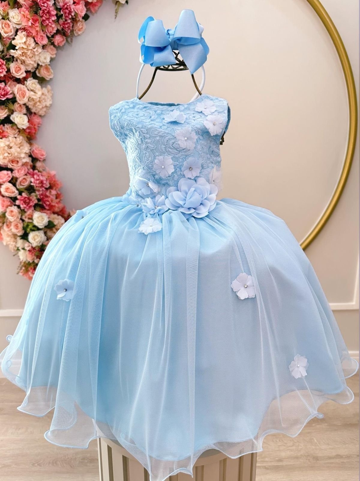 Infantil - Vestido Festa Azul Claro Serenity Flores Formatura Florista Casamento Renda Dama Daminha Social Menina Juvenil Pérolas Princesa Rodado Aniversário Luxo