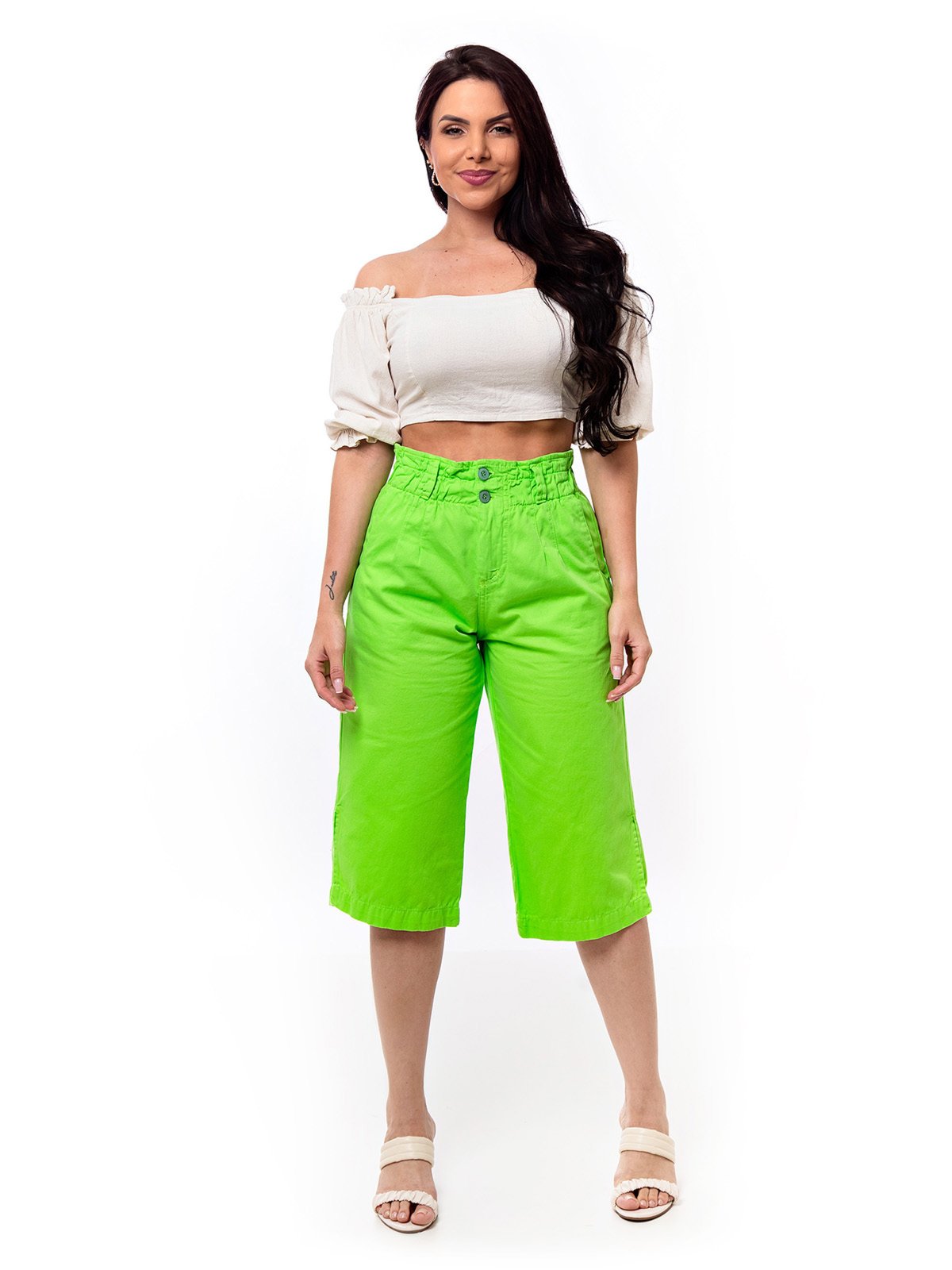 Bermuda Calça Pantacourt Restrito Jeans Cós Elástico – VERDE