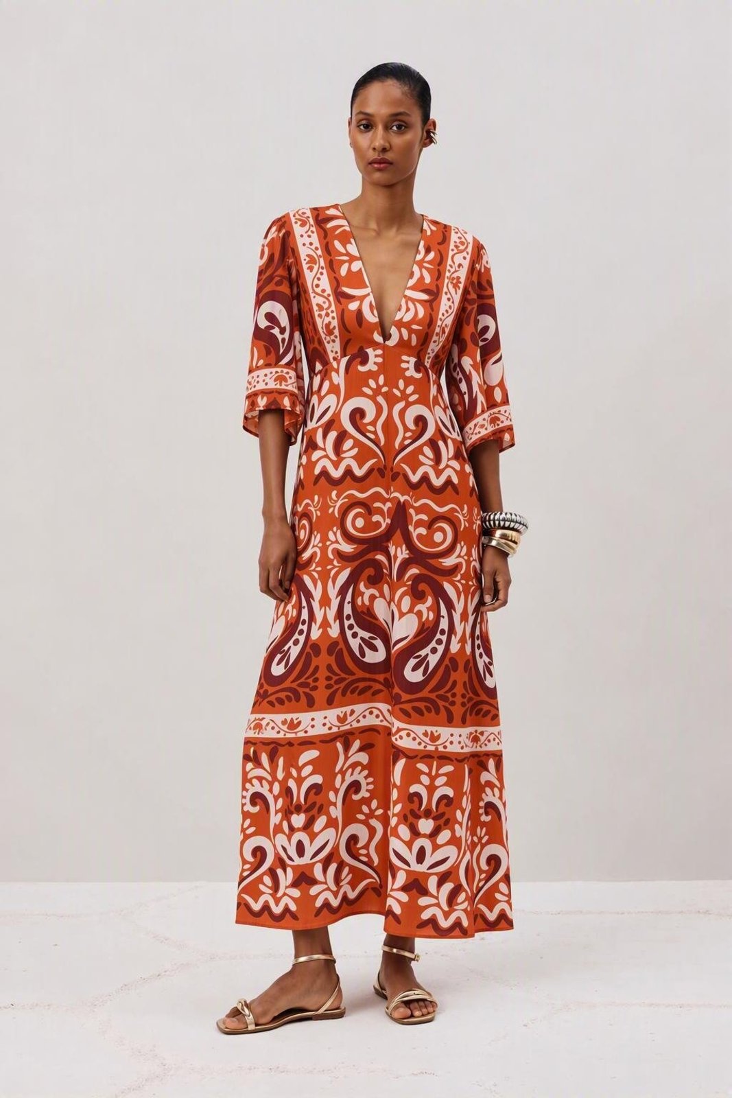 Vestido Midi Manga Estampado Caramelo