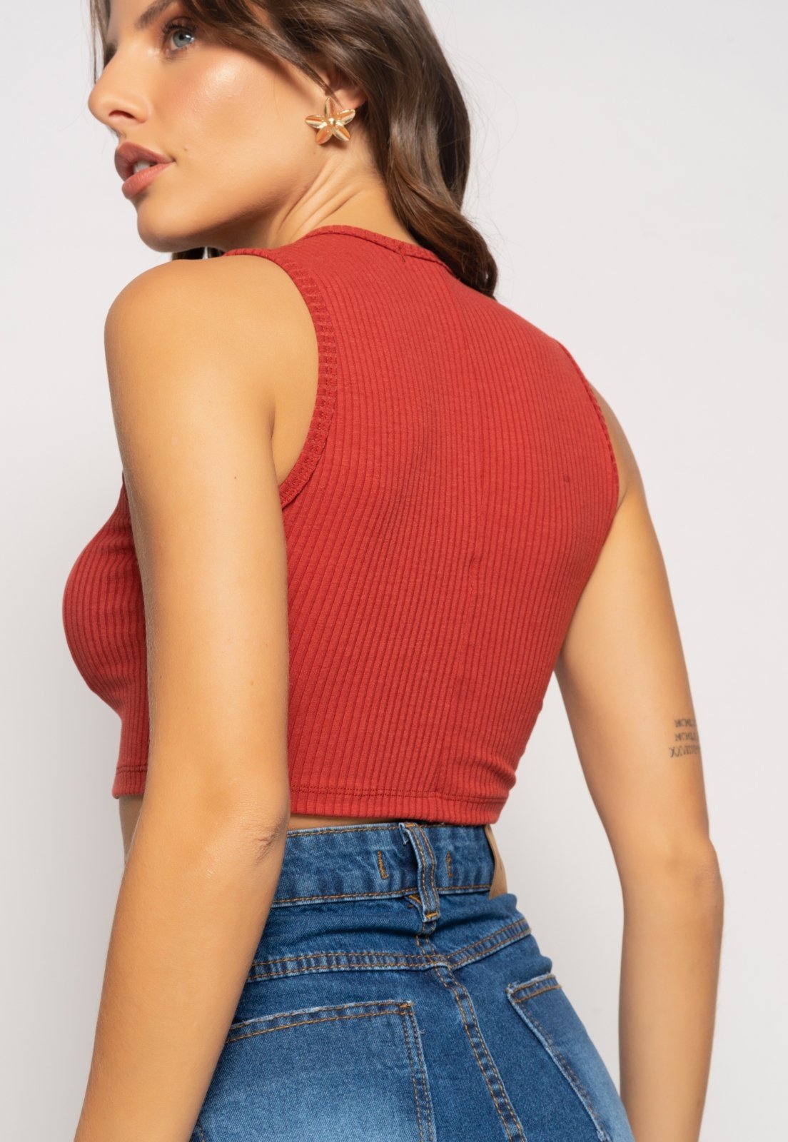Vista 3 Cropped Regata Recorte Canelado Salvatore Fashion Terracota laranja Salvatore Fashion laranja