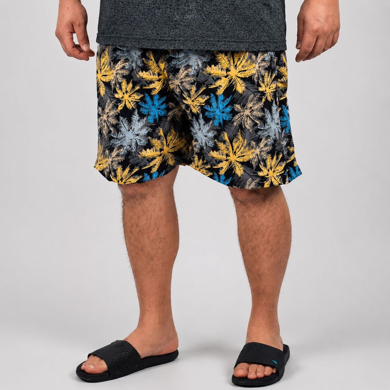 Shorts Masculina Plus Size Tactel Elastano Estampada Preto e Amarelo