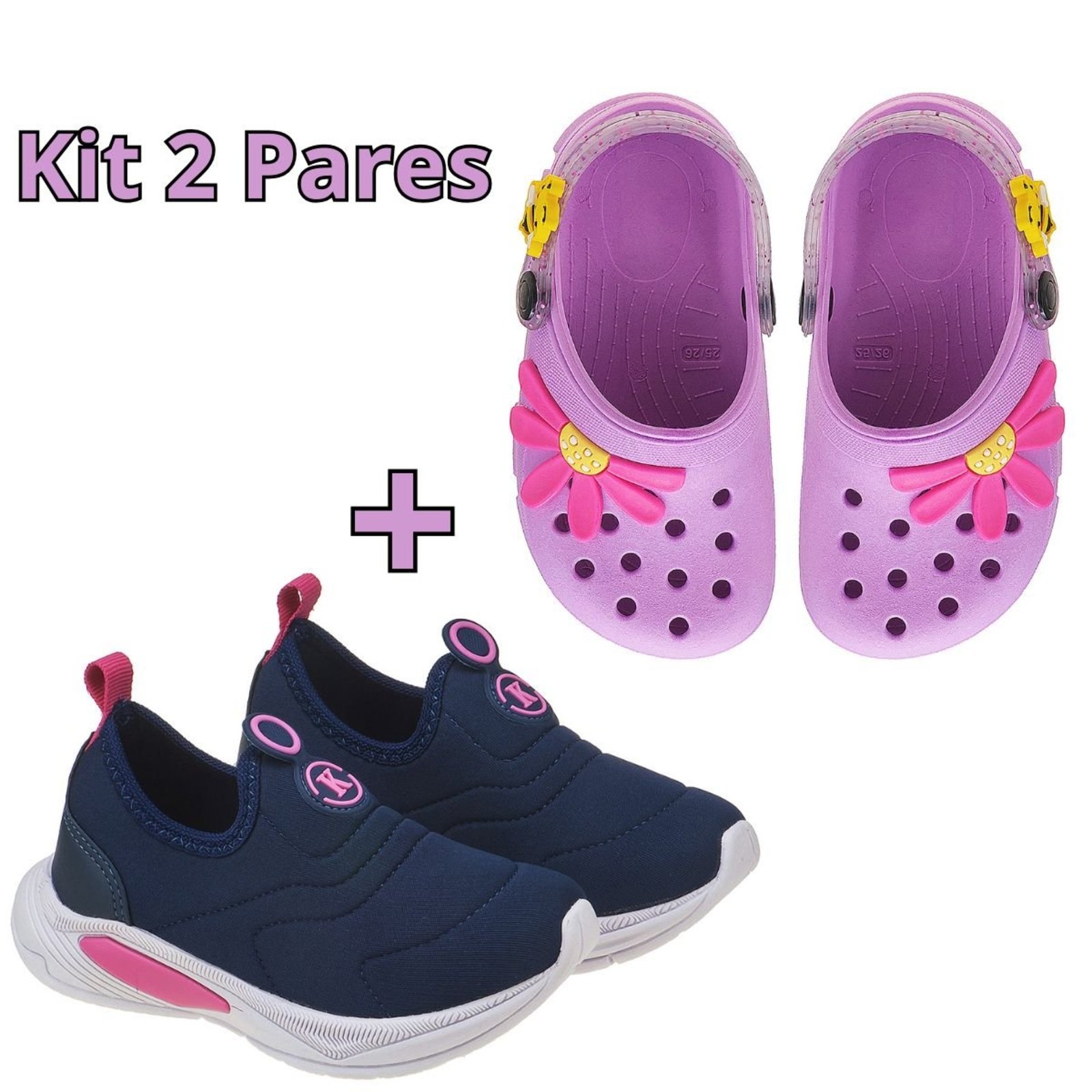Infantil - Kit Calce Fácil Marinho Pink + Sandália Flor e Abelha Lilás