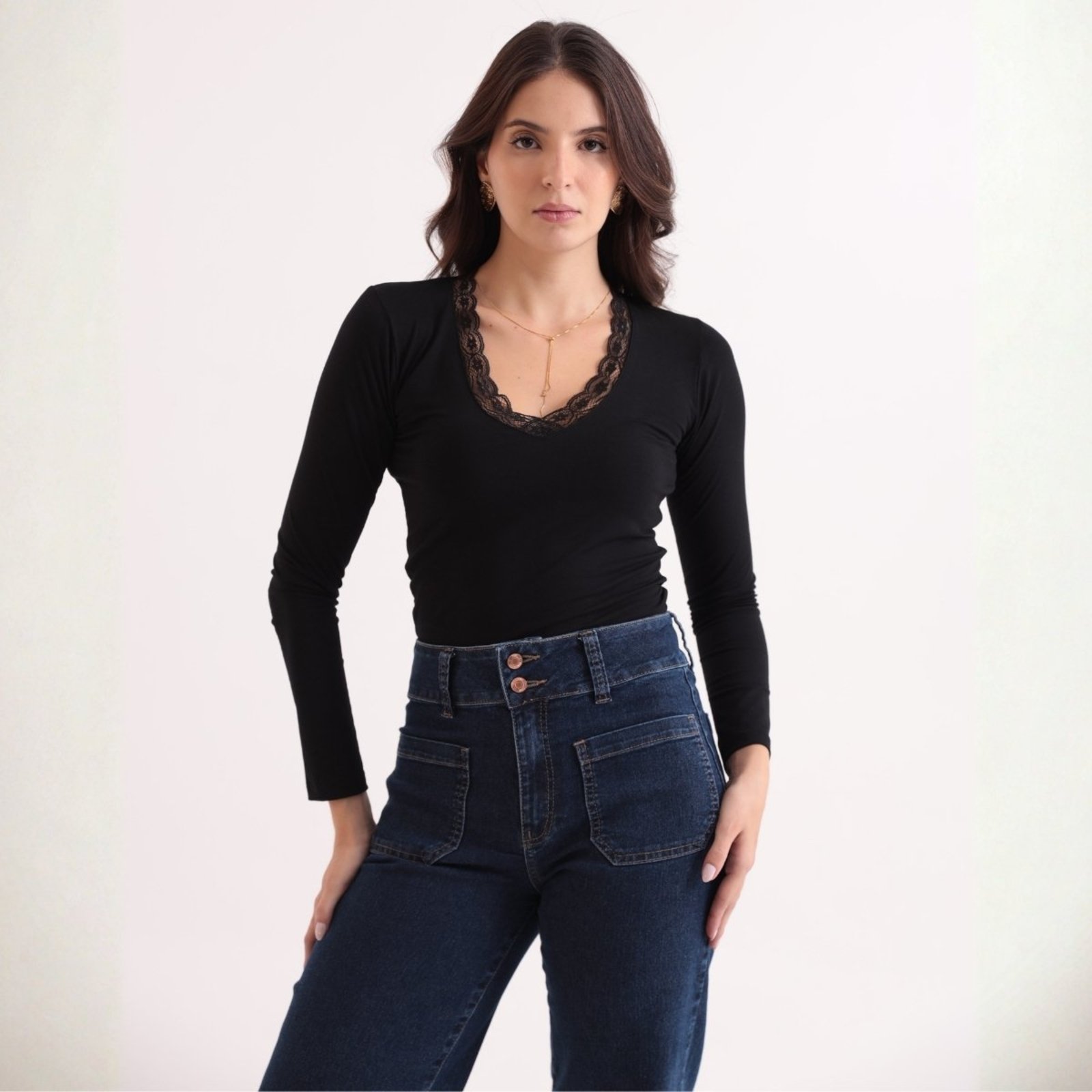 Blusa Manga Longa Com Detalhes De Renda Revanche Feminino Mongólia