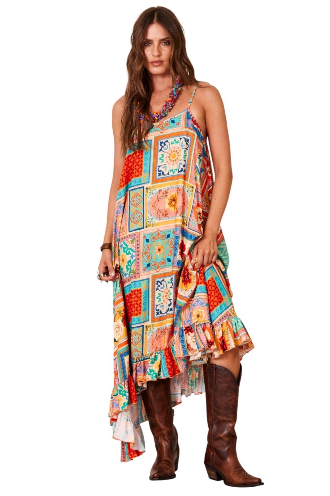 Vestido Midi Godê Com Alças Estampa Geométrica Yacamim C3 – Estampado