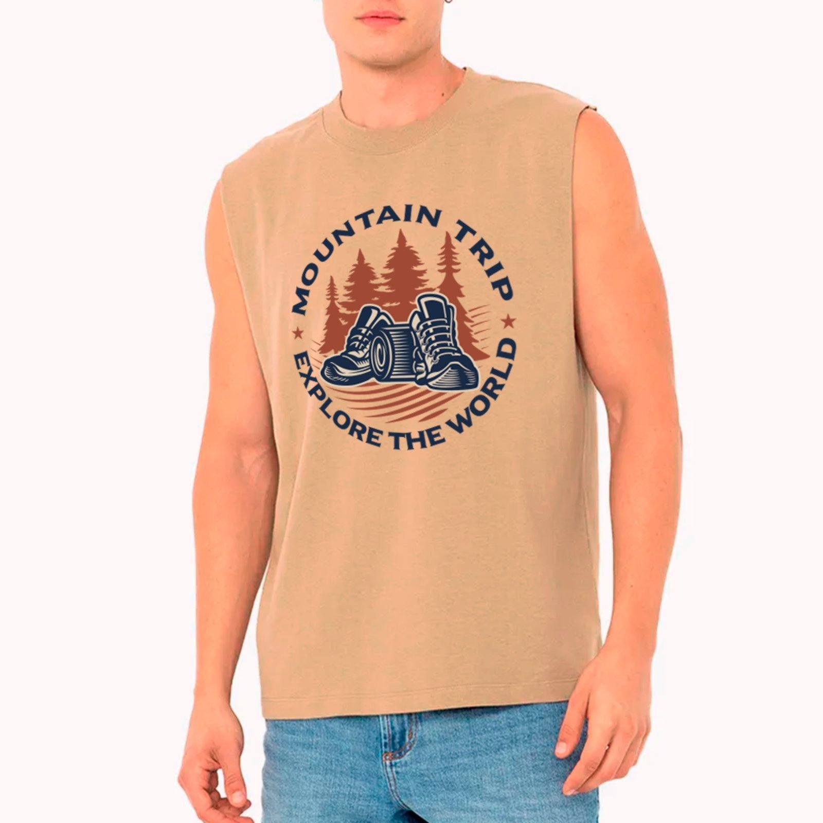 Camiseta Regata Machão Ousy Mountain Trip Explore The World Oversized Masculina Off White