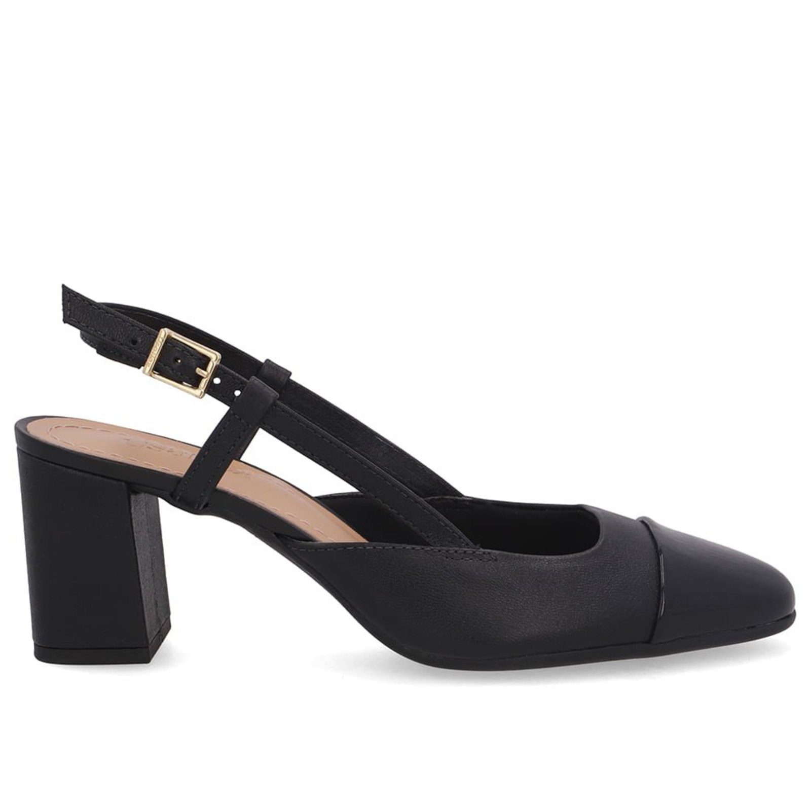 Slingback Couro Preto Bico Redondo Verniz