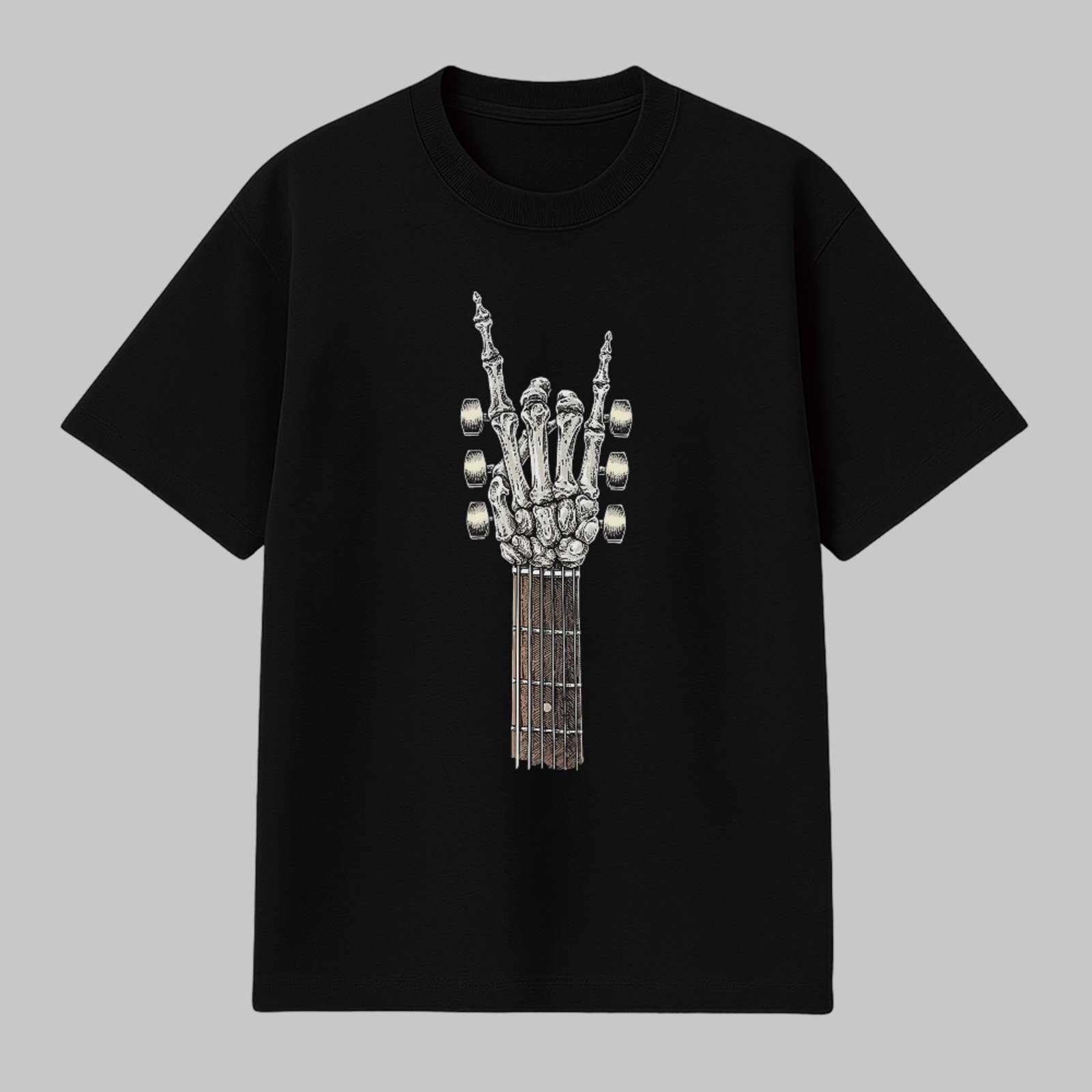 Camiseta Básica Guitarra Caveira Rock and Roll Style Unissex Preto