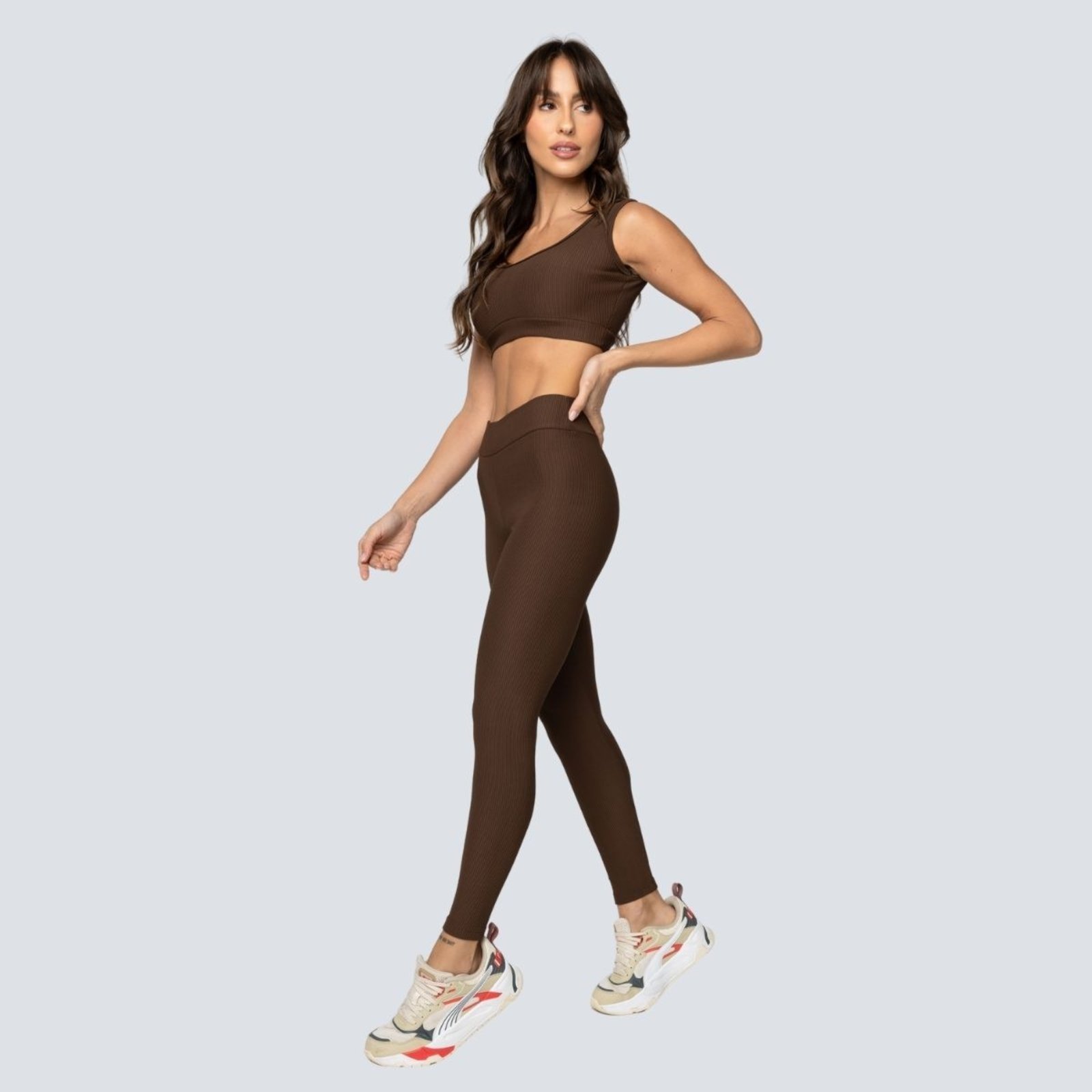 Conjunto Fit One Yoga Canelado Legging e Top com bojo removível Marrom