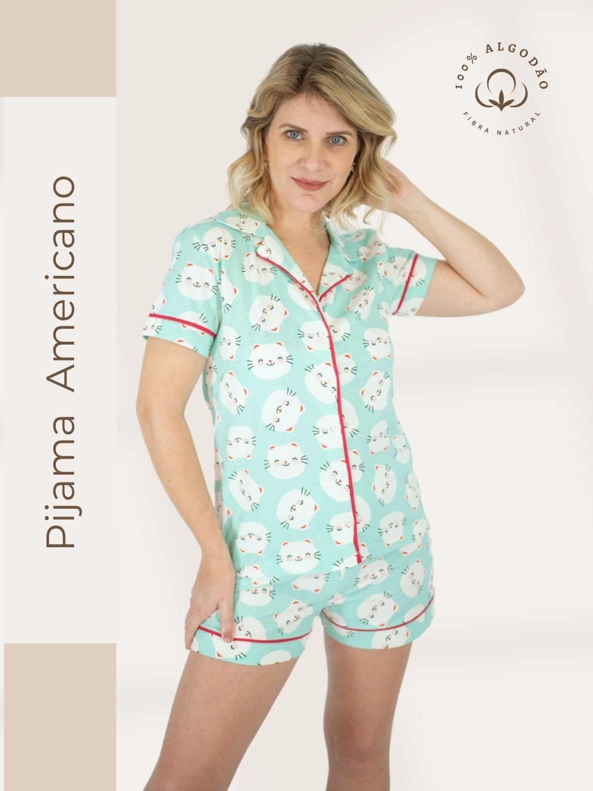 Pijama Piante Algodão Feminino Americano Curto Gatinhos Verde