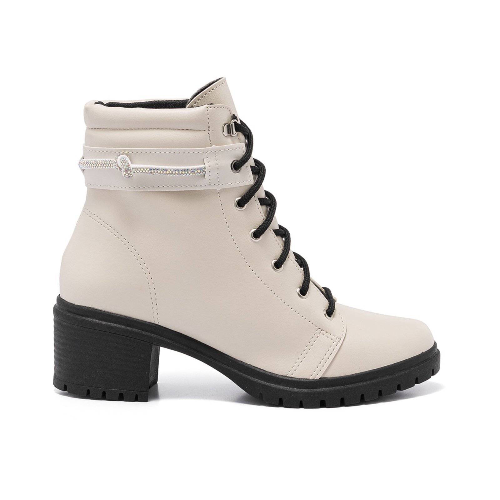 Bota Coturno Feminina Cano Baixo Tratorada Preto Confortável – Strass