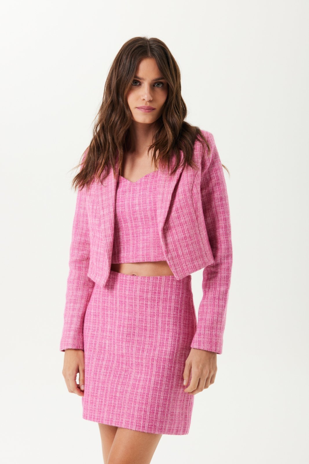 Blazer Tweed Traymon Curto Rosa