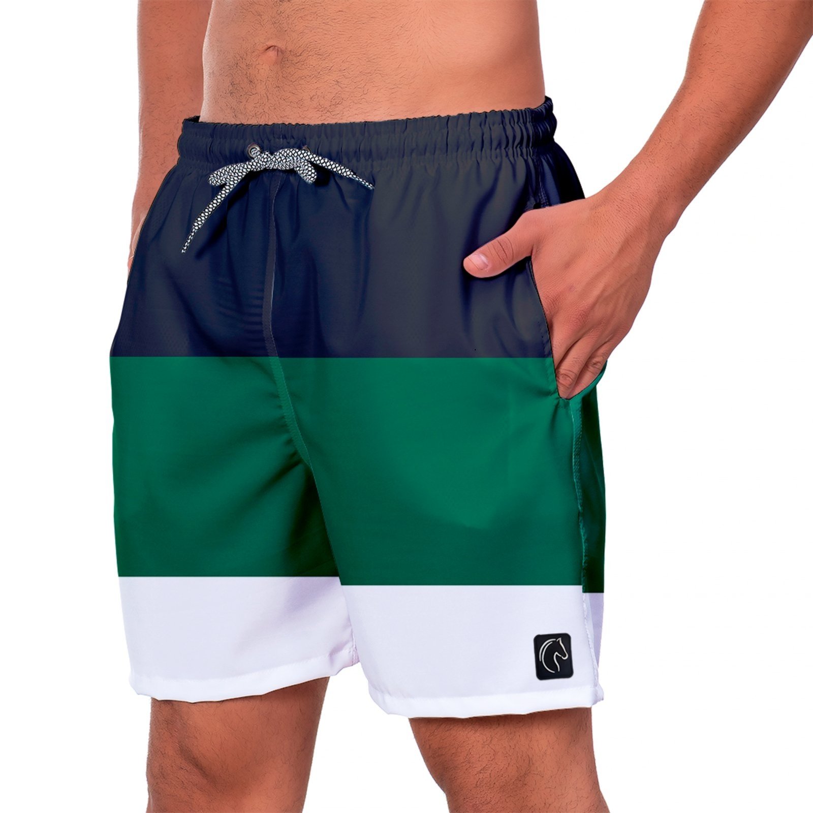 Short Masculino Tactel Secagem Rápida Com Bolsos Laterais Confortável Moda Praia Casual Treino Academia W2 Listrado Preto Verde e Branco