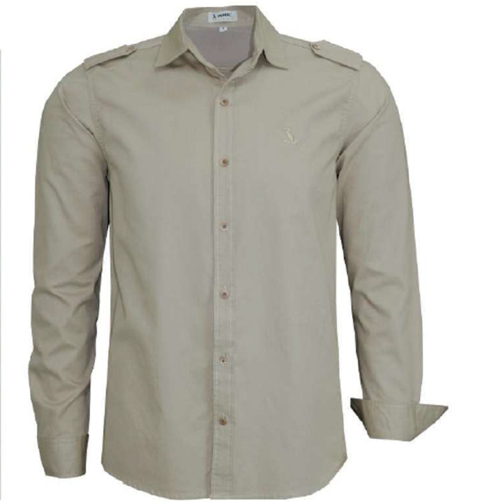 Camisa Militar Social Sarja Manga Longa Algodão Original Amil Bege