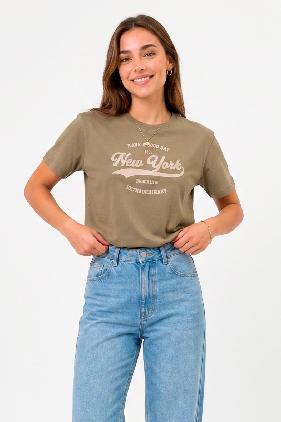 T-shirt Feminina Cianitas Caqui Estampa New York 1998