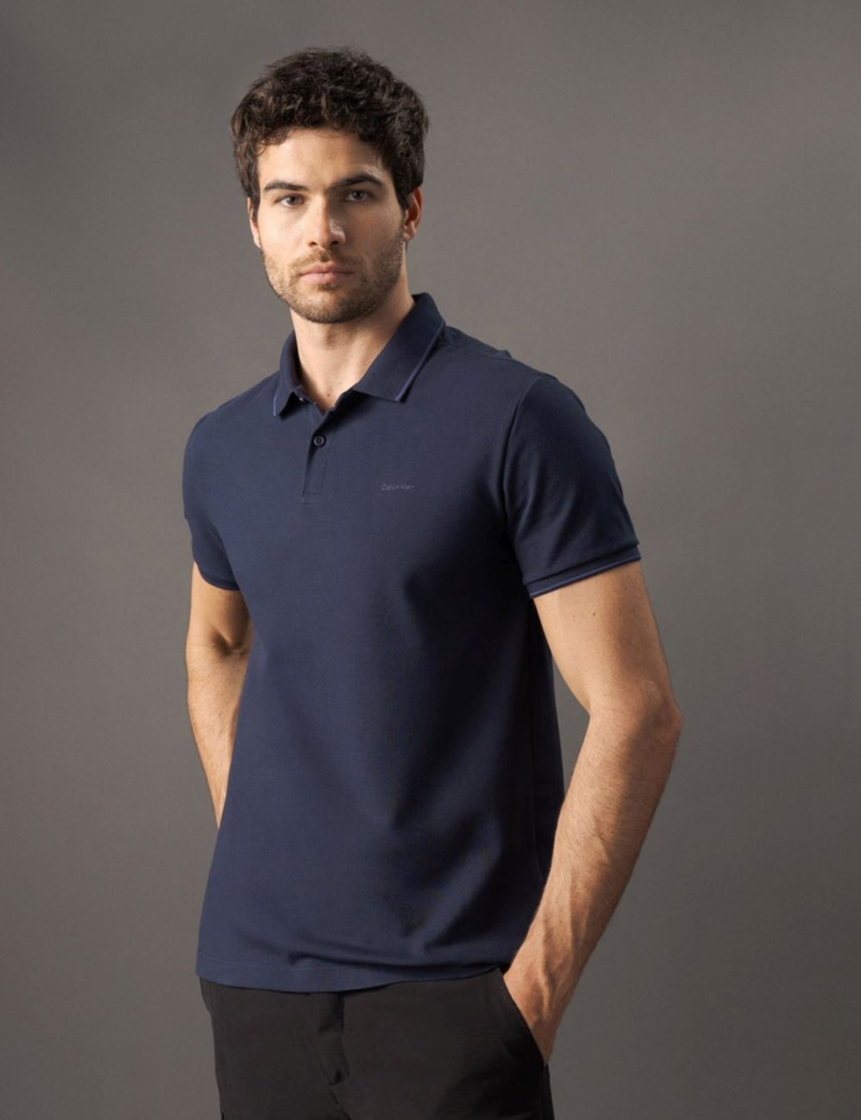 Camisa Polo Masculina Slim Básica Com Friso Calvin Klein - Azul Marinho CKS Premium Label