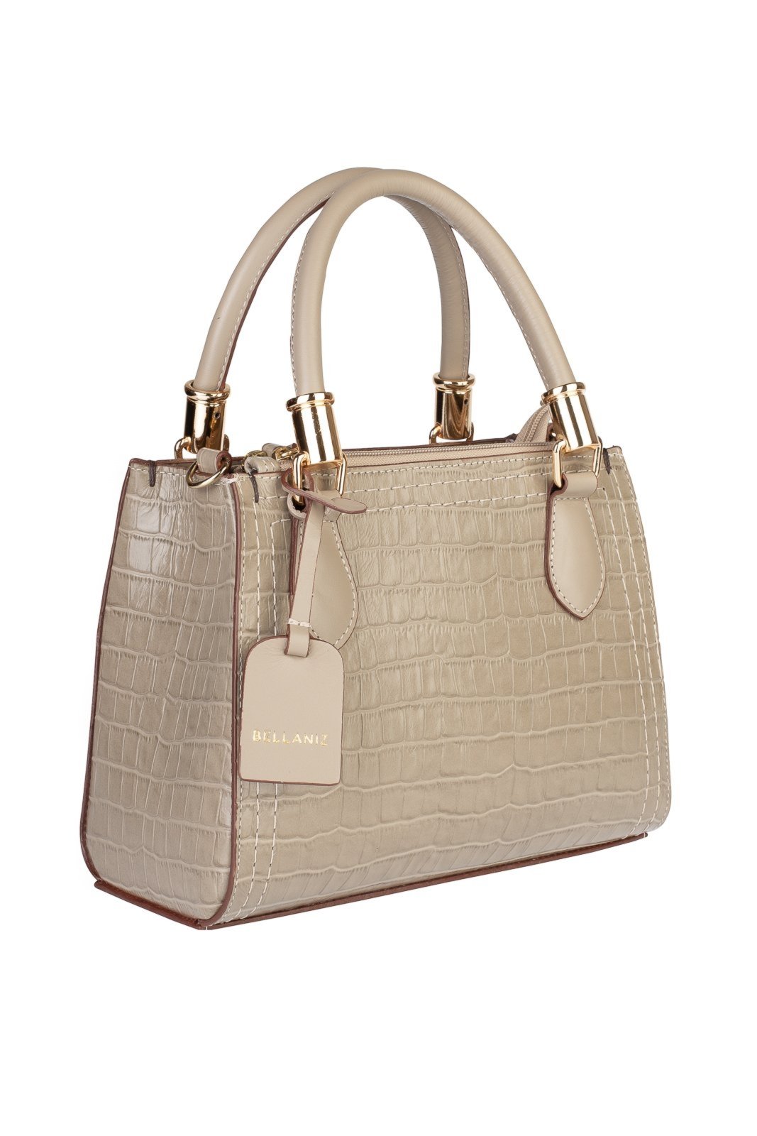 Vista 3 Bolsa Bellaniz Baú De Couro Croco Andressa - Amêndoa caramelo Bellaniz caramelo