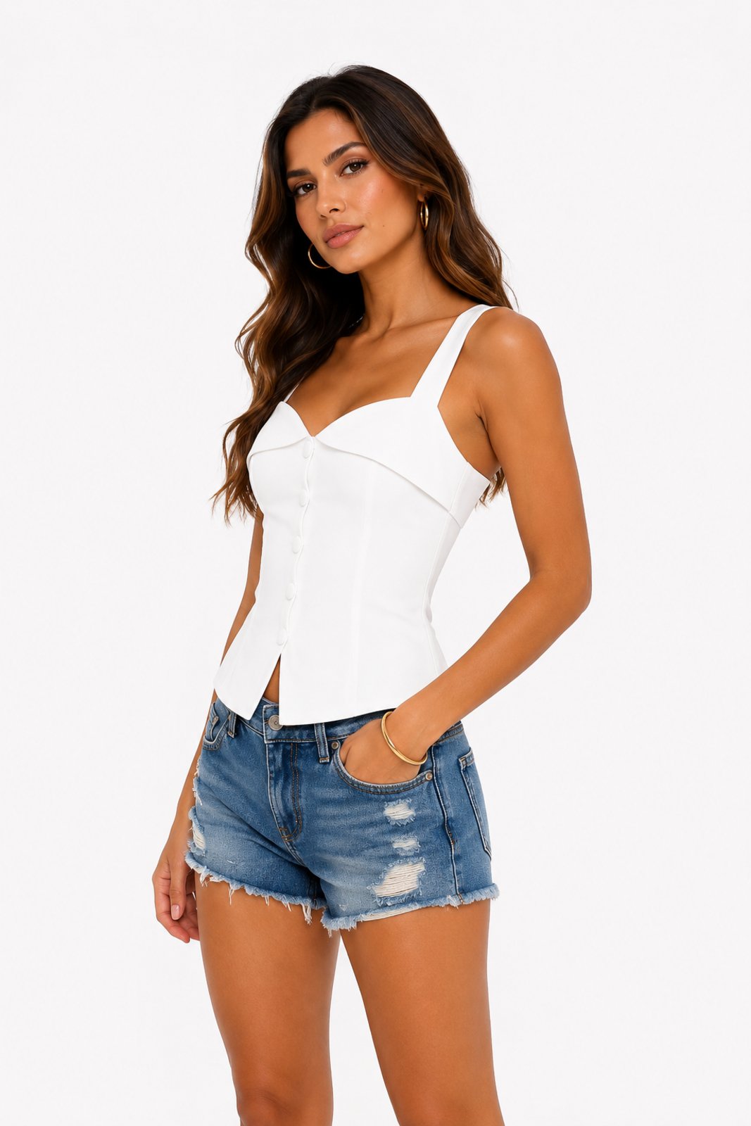Blusa Colete Feminina D Bell Outlet Fashion Crepe Alfaiataria Botões Branco