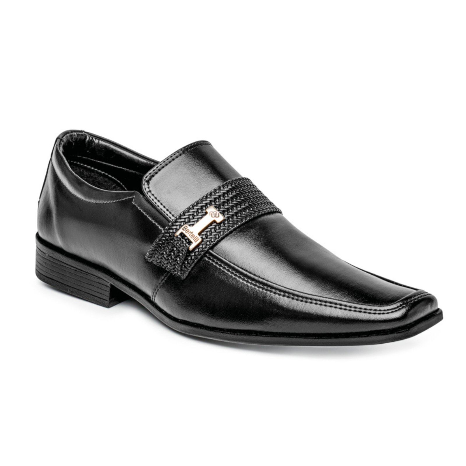 Sapato Masculino Miuzzi Social Bico Quadrado Com Detalhe Em Metal Frontal Modelo Clássico Cor Preta